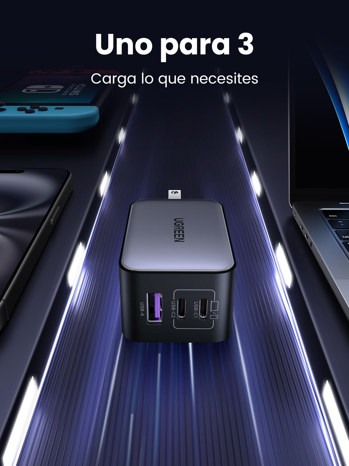UGREEN Nexode 65W Cargador USB C GAN con 3 Puertos, Phone Charger Plegable y Portátil para Viajar Compatible con MacBook Pro/Air, DELL XPS, iPhone 15 14 Pro, iPad Pro, Galaxy S24, Pixel 7