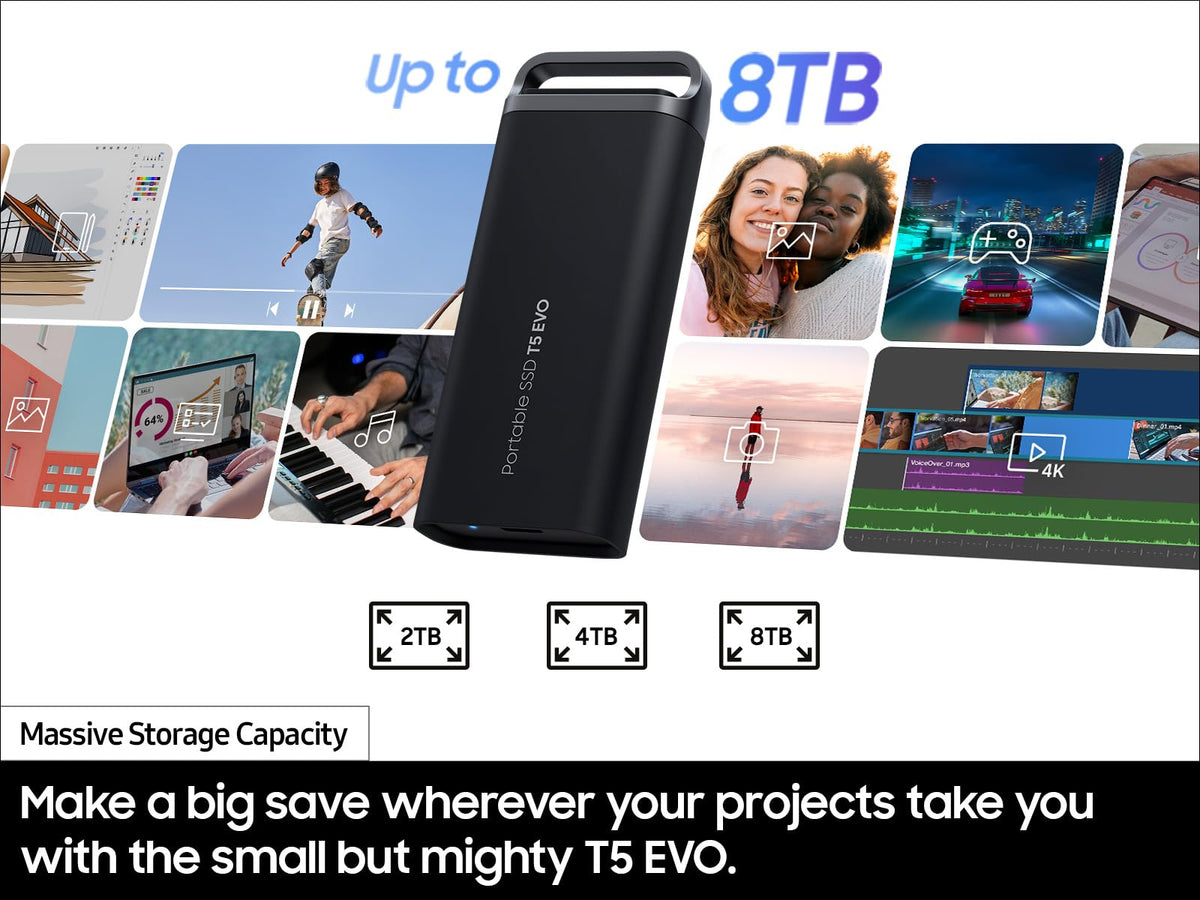 SAMSUNG T5 EVO SSD portátil de 4 TB, USB 3.2 Gen 1 Unidad Externa de Estado sólido, Seq. Velocidades de Lectura de hasta 460 MB/s para Juegos y creación de Contenido, MU-PH4T0S/AM, Negro
