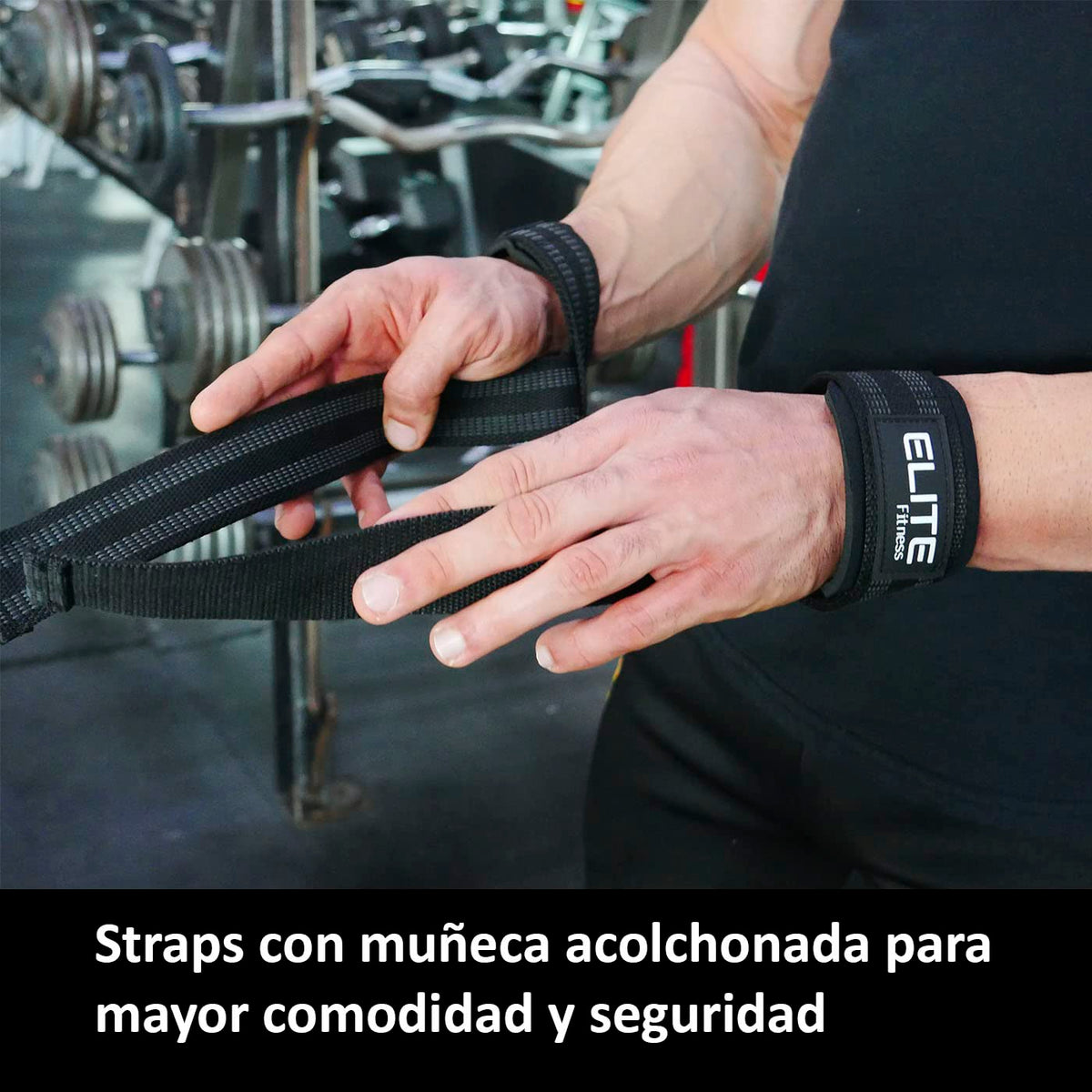 Elite Fitness Correas acolchonadas para Levantamiento de Pesas, Straps para Gimnasio (PAR), Correas de Soporte, Straps de Gym para Proteccion de Dedos y muñecas (Negro)