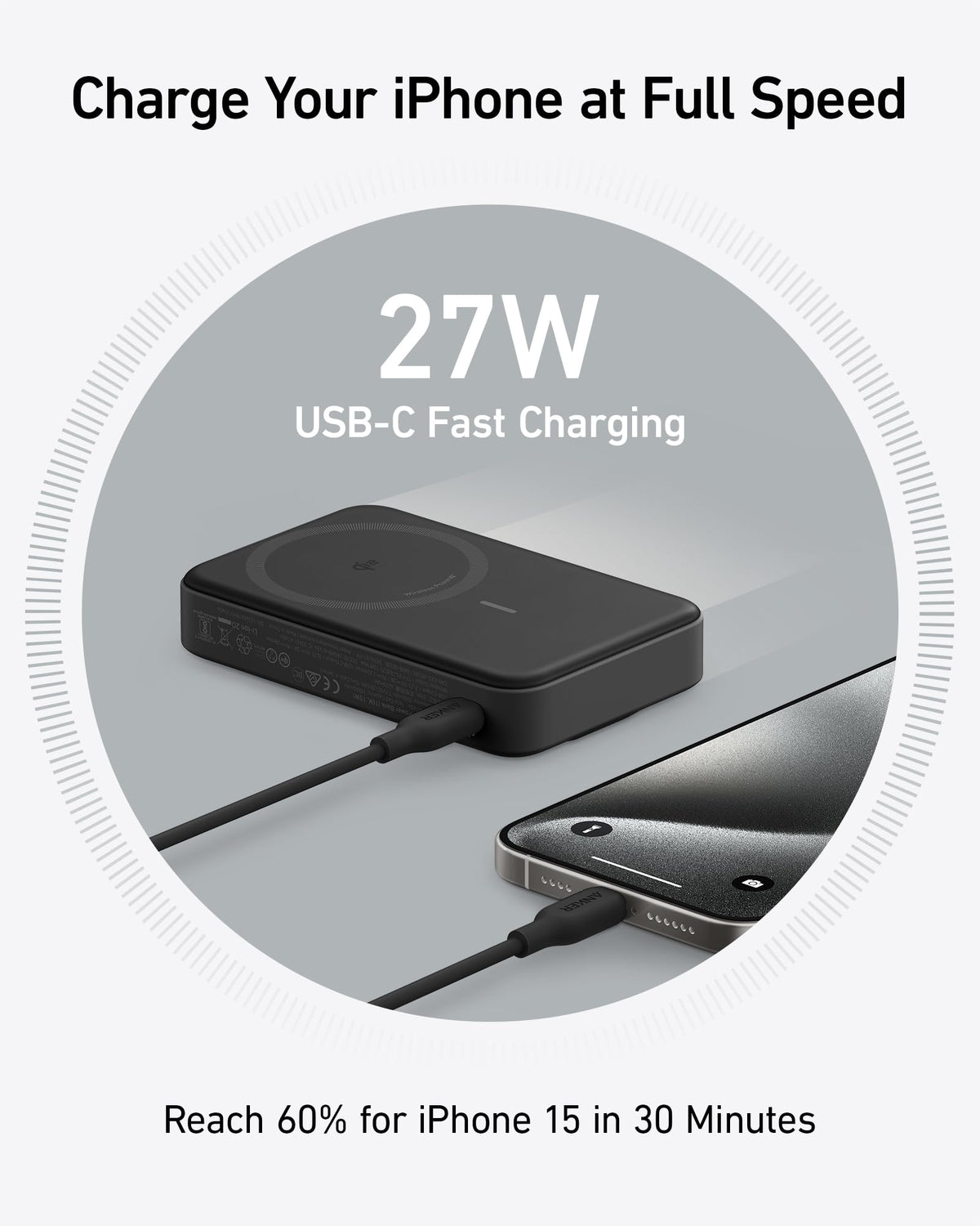 Anker Power Bank MagGo, Certificado Qi2 de Carga Ultra rápida de 15W Compatible con MagSafe,10000mAh con Pantalla Inteligente y Soporte Plegable, Solo para iPhone 15/14/13/12 (Incluye Cable USB-C)
