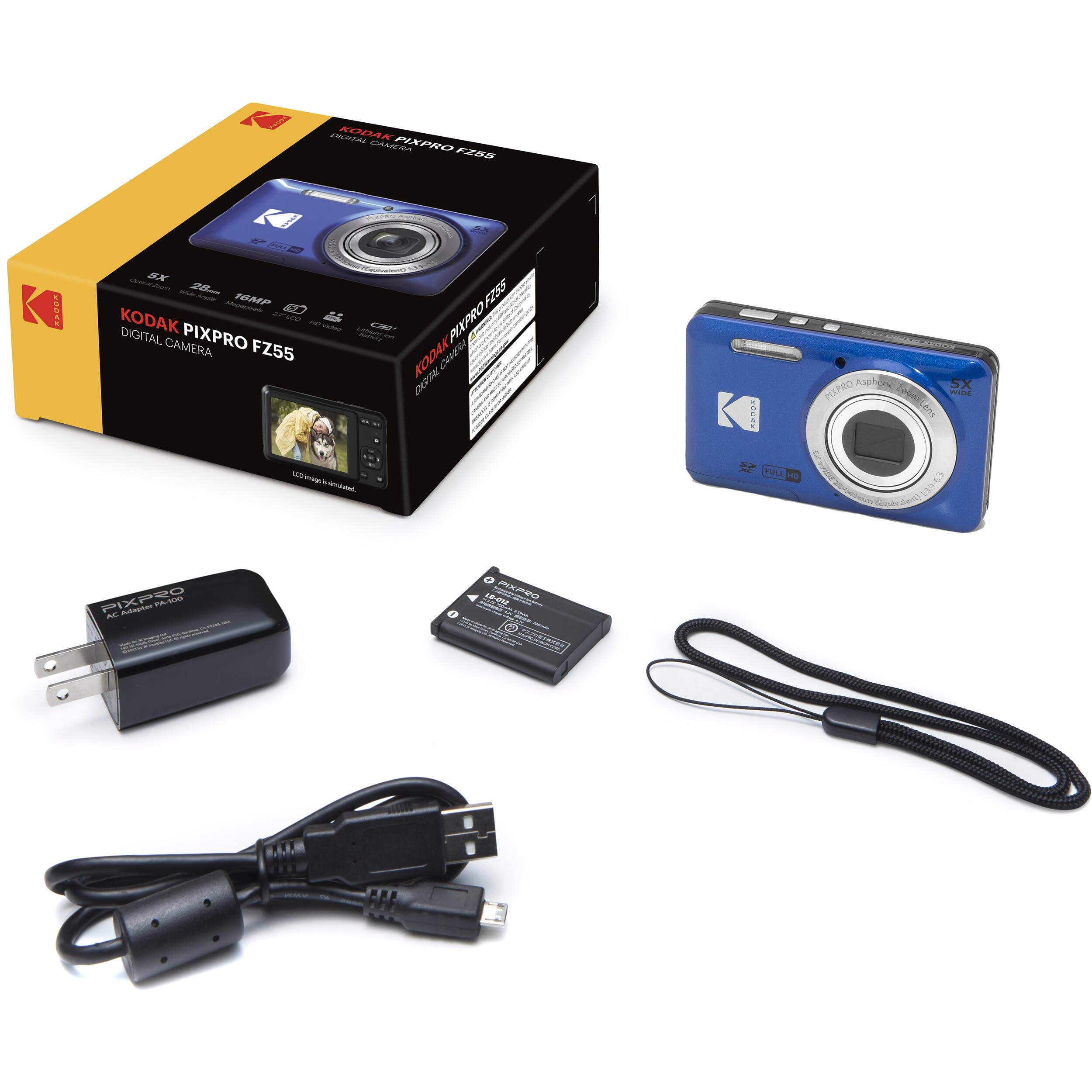 Kodak PIXPRO FZ55 - Cámara digital azul de 16 MP, zoom óptico de 5X, 28 mm, gran angular, 1080P, cámara LCD Full HD de 2,7 pulgadas, tarjeta y lector de 64 GB + funda + portafolios de memoria +