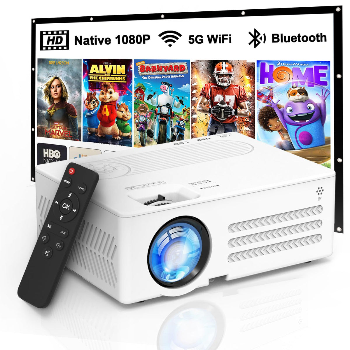 Genérico Proyector Nativo 1080P con WiFi y Bluetooth, 15000lux FHD Proyector de Cine portátil al Aire Libre para Home Theater, Compatible con iOS/Android/PC/Laptop/TV Stick/HDMI/USB