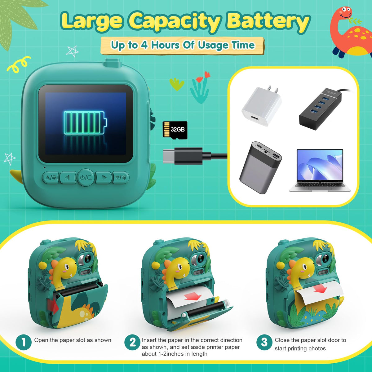 CAMCLID Camara Fotos Infantil Instantanea, 2,4 Pulgada Cámara Instantánea para Niños con Tarjeta de 32GB, Regalo para Niños de 3 a 12 Años(Verde)