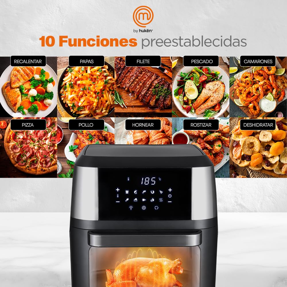 Hukën x MasterChef | Horno Freidora de Aire |10 Funciones para Freír, Hornear, Asar, Rostizar, Deshidratar | Capacidad de 12 Litros | Accesorios Incluidos | Puerta Desmontable | Acero Inoxidable