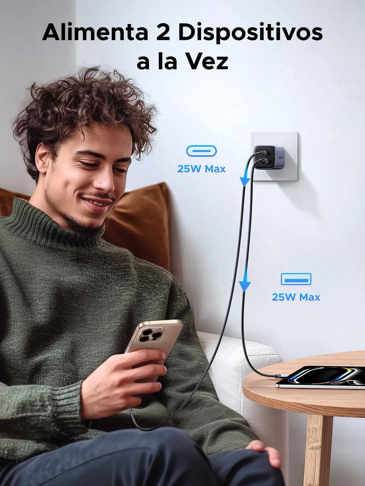 UGREEN Nexode 35W GAN Cargador Tipo C Carga Raida, PD USB C con 2 Puertos, USB C y USB A Compatible con Galaxy S24/S23/S22, iPhone 16 15 14 Pro MAX, MacBook, iPad, Negro