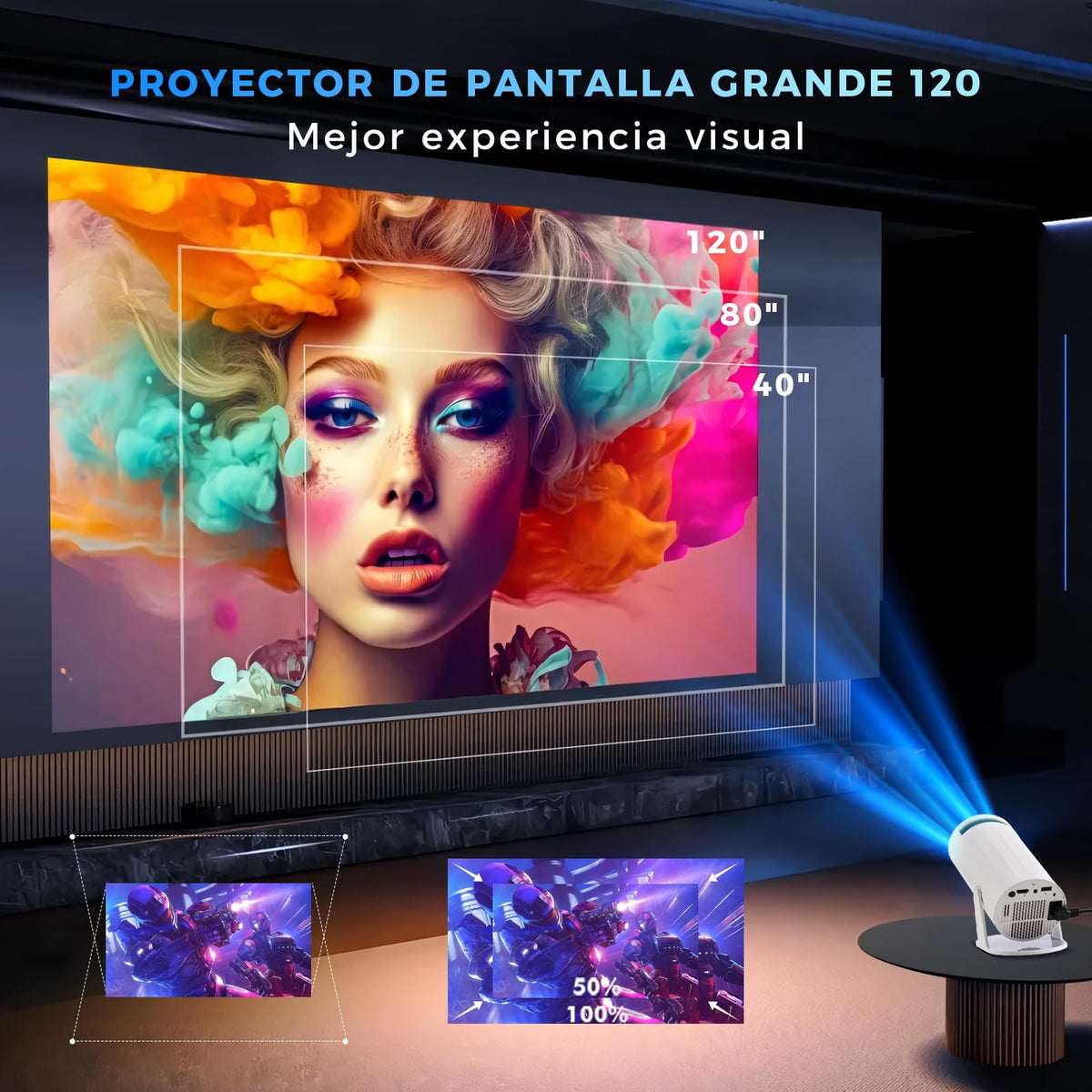HUSEYTA Proyector, proyector Inteligente 4K/ 150 ANSI con WiFi 6, BT 5.0, Pantalla de 130 Pulgadas, Giro de 180 Grados, Sistema operativo Android Integrado 12.0, Compatible con iOS/Android/PC/PS4/PS5