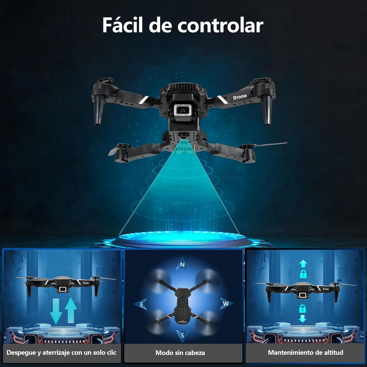 Dron con Cámara Dual, 360° Adjustable Eléctricamente Mini Drone para Principiantes, Drones con Cámara RC FPV WIFI 4k Cuadricóptero, Vuelo por Puntos de Referencia, Auto-Seguimiento, Giro 3D, Inicio con una Tecla, 3 Velocidades, 3 Baterías y Bolsa Portátil