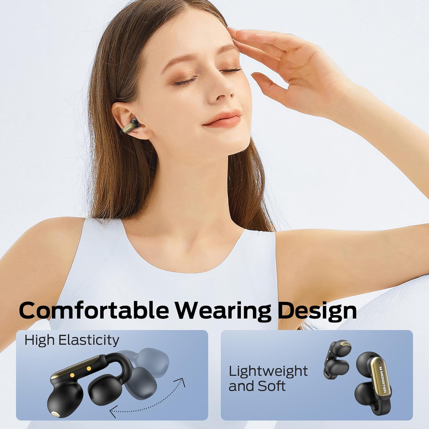 Monster Open Ear AC601 Audifonos Inalámbricos, Bluetooth 5.4 con Estéreo HiFi, Llamadas Claras con Tecnología ENC, 21 h de Reproducción, Carga Rápida, Control Táctil, Impermeables IPX6 (Negro)