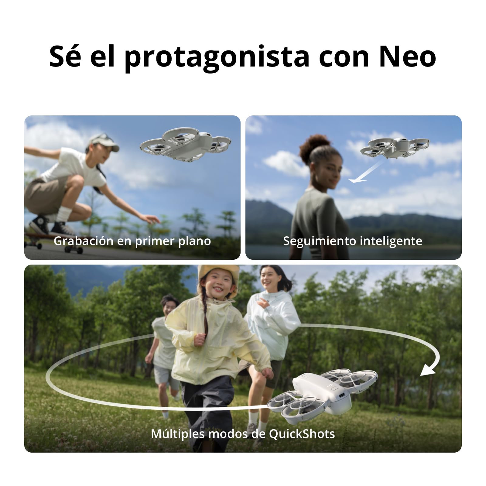 Pack DJI Neo Vuela Más, dron mini con cámara 4K UHD para adultos, 135 g dron que vuela siguiéndote, despega desde la mano, seguimiento de objetivos, QuickShots, vídeo estabilizado, con RC-N3 y 3 baterías