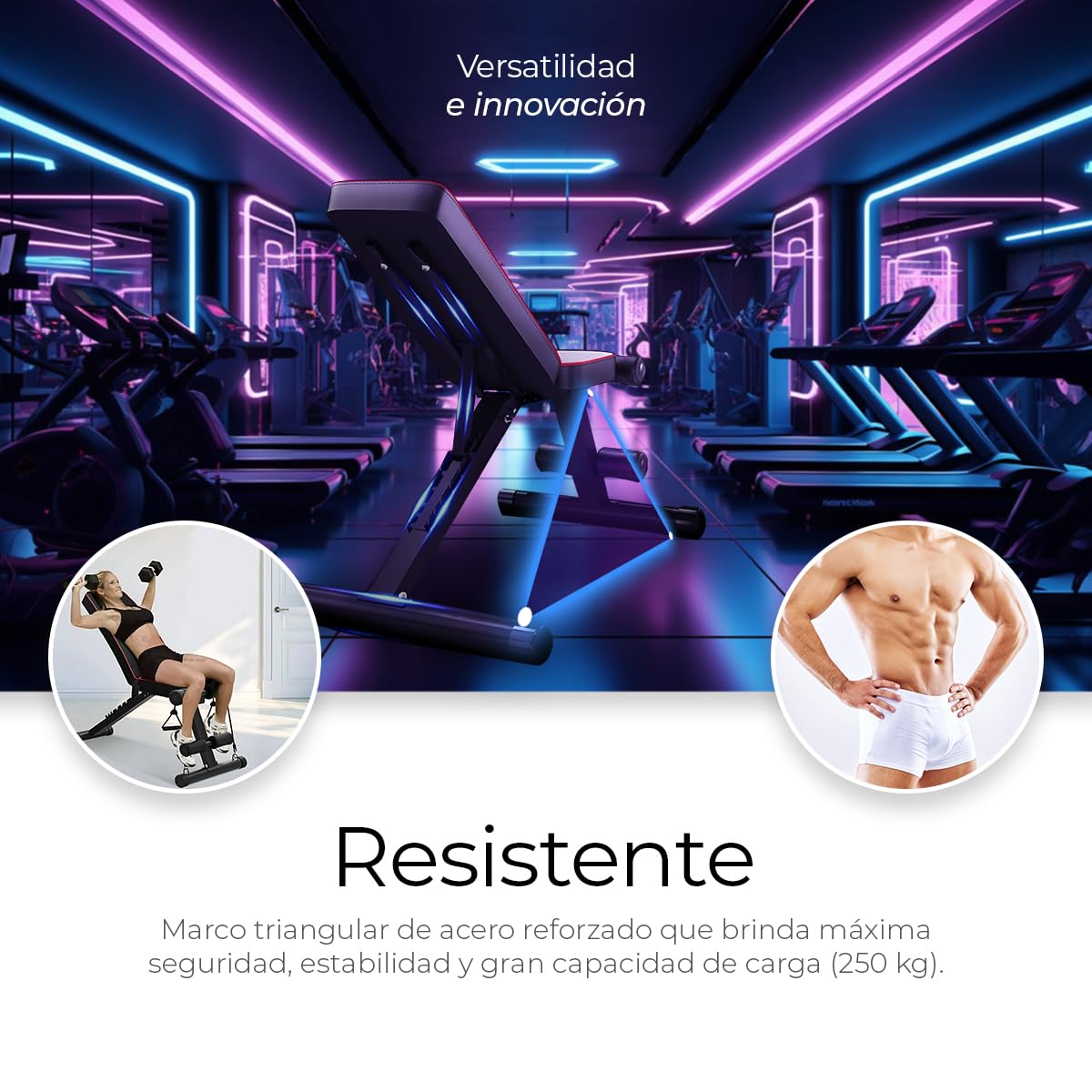 Raganet, Banco Fitness Multiposicion, Banco de Abdominales con 2 Ligas Incluidas, Asiento de Pesas Ajustable en 7 Posiciones, Soporta Hasta 250Kg, Negro
