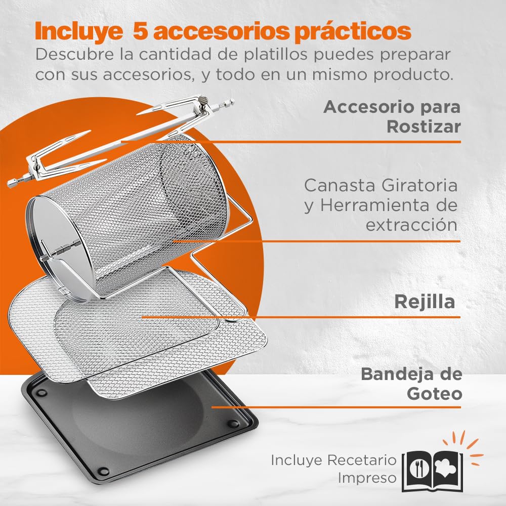 Hukën x MasterChef | Horno Freidora de Aire |10 Funciones para Freír, Hornear, Asar, Rostizar, Deshidratar | Capacidad de 12 Litros | Accesorios Incluidos | Puerta Desmontable | Acero Inoxidable