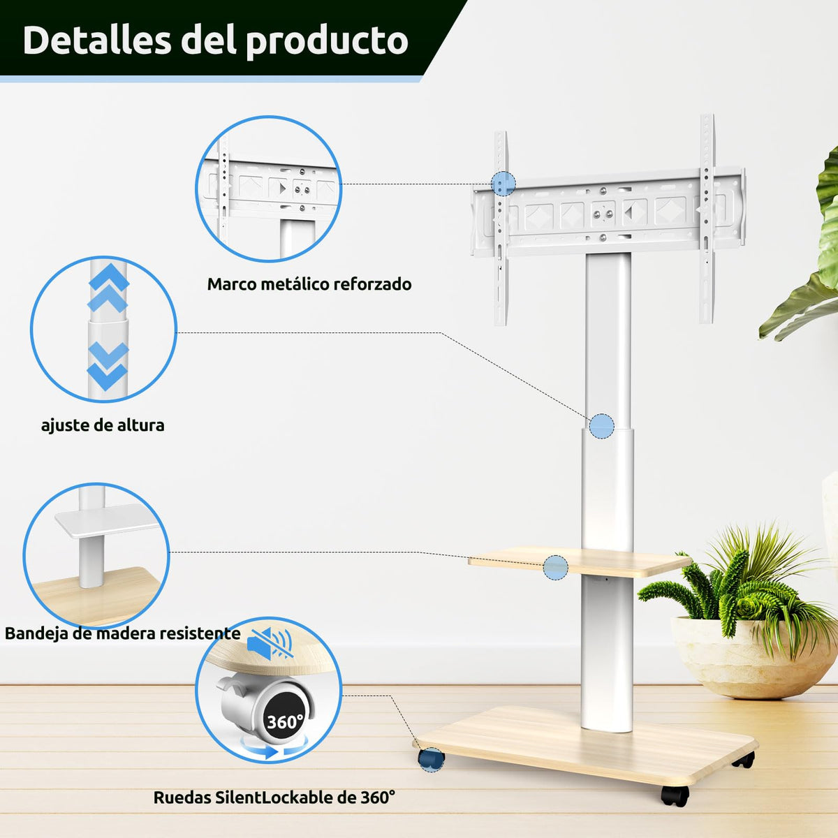 JXMTSPW Soporte para TV con Ruedas Móvil para 32~70 Pulgadas,Soporta hasta 40 KG, MAX VESA 600x400mm,Base para Pantalla Movil Ajustable en Altura Suelo con Bandeja,Carro TV Portátil