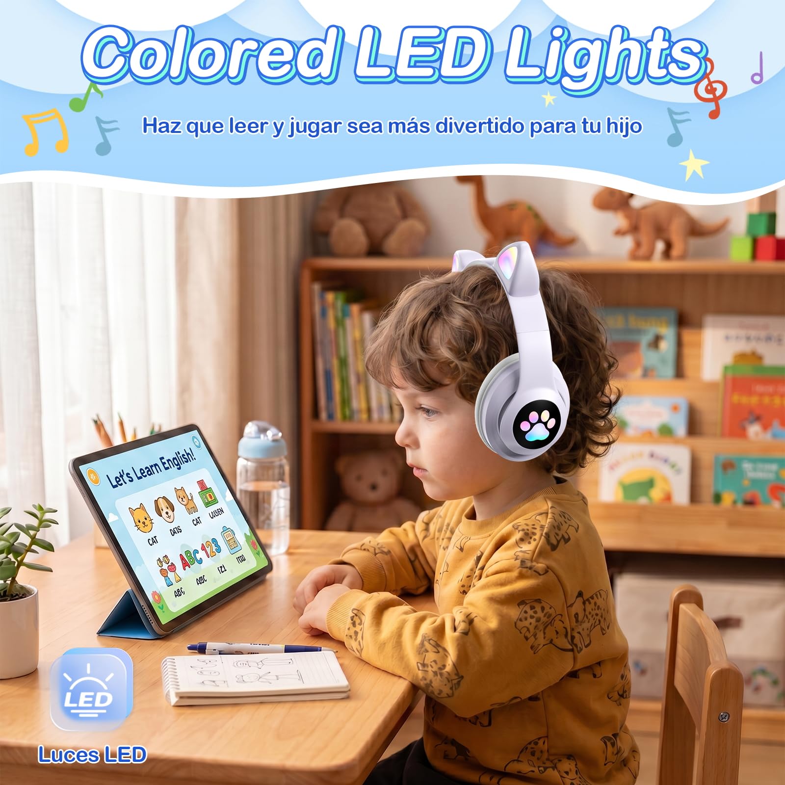 ZQSQD Audifonos Inalambricos para Niños, Auriculares Bluetooth con Luz LED y Micrófono, Auriculares Plegables con Forma de Garra de Gato, Audífonos para Niña, Apto para Tablets, Móviles, Etc (Púrpura)