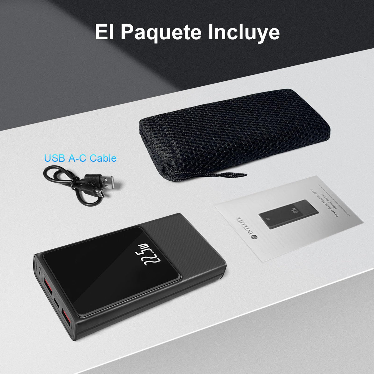 INTELIFE Power Bank 22.5W 20000 mAh Pila Portátil de Carga Rápida,USB-C 20W y Salida de USB-A 22.5w Banco de Batería Delgada Pantalla LED Compatible con iPhone 16/15/14 Serie, Android, Samsung,etc.