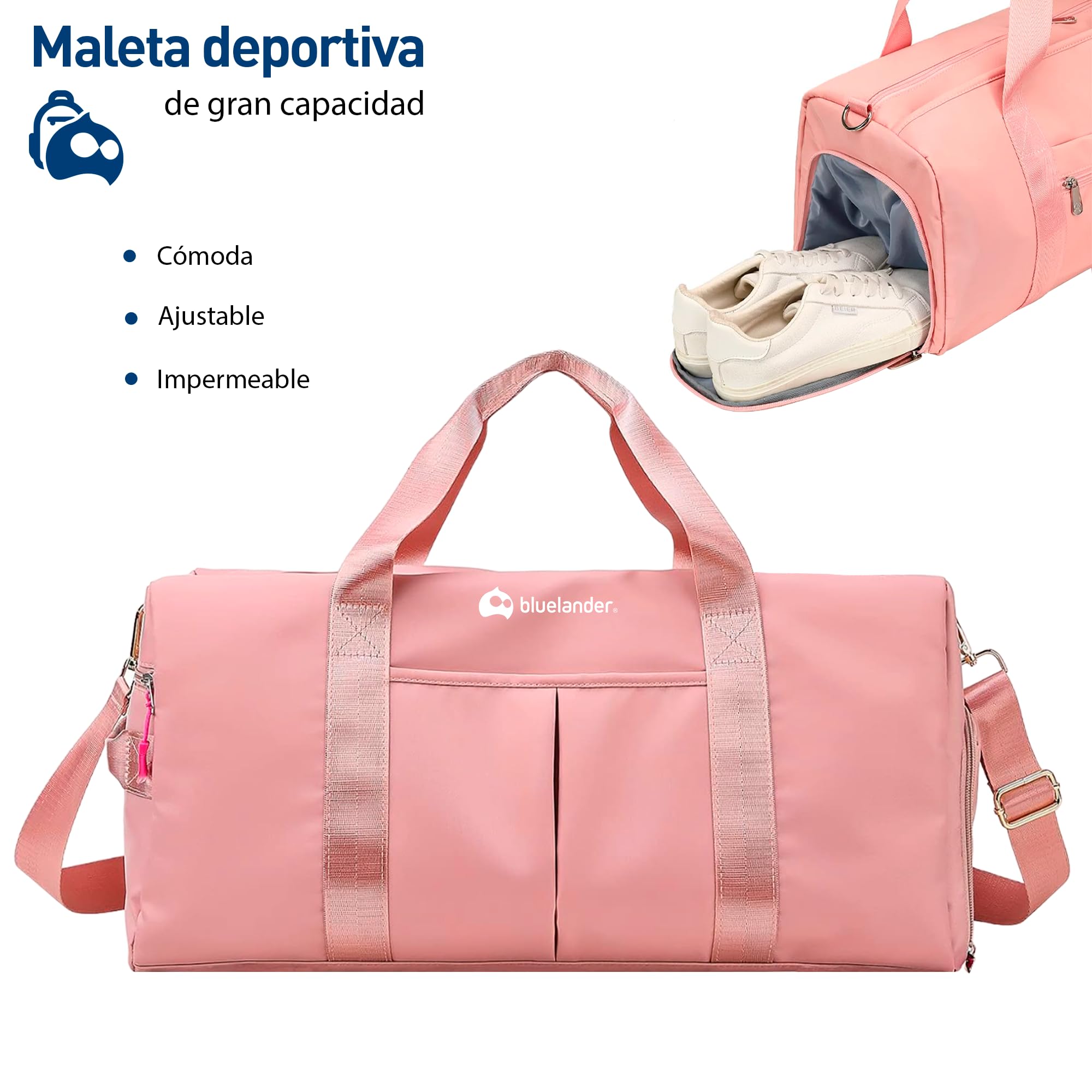 Bluelander Maleta Deportiva de Mano para Gimnasio, Compartimento para Zapatos, Bolso de Viaje, Bolsillo Impermeable, Resistente, Correa Ajustable Perfecta Gimnasio, Natación y Viaje (Rosa Pastel)