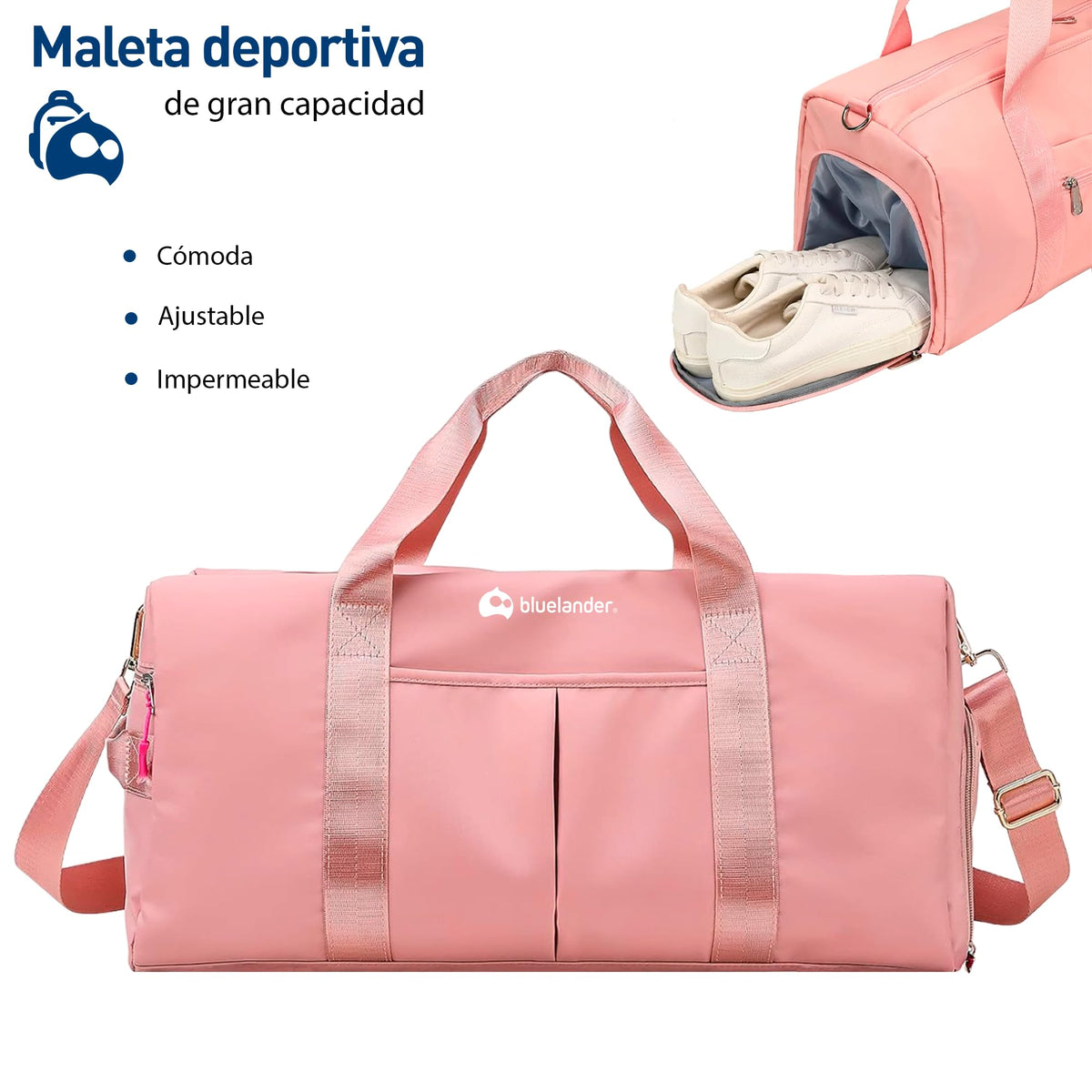 Bluelander Maleta Deportiva de Mano para Gimnasio, Compartimento para Zapatos, Bolso de Viaje, Bolsillo Impermeable, Resistente, Correa Ajustable Perfecta Gimnasio, Natación y Viaje (Rosa Pastel)
