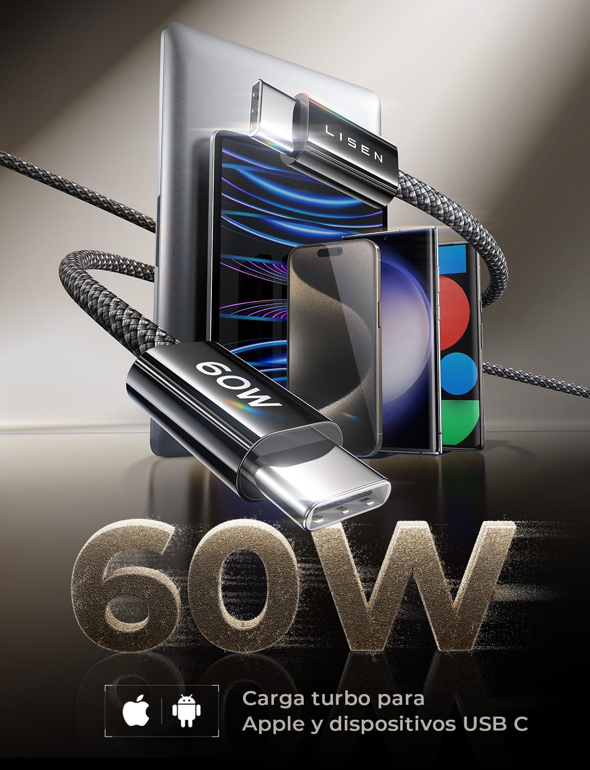 LISEN Cable USB C a USB C 5 Paquete [1M/1M/2M/2M/3M] Cable USBC Carga Rapida,60w Tipo-C a C Compatible Con Cargador TipoC iPhone 16 Pro Max Samsung S24 S23 Macbook, Xiaomi, Negro