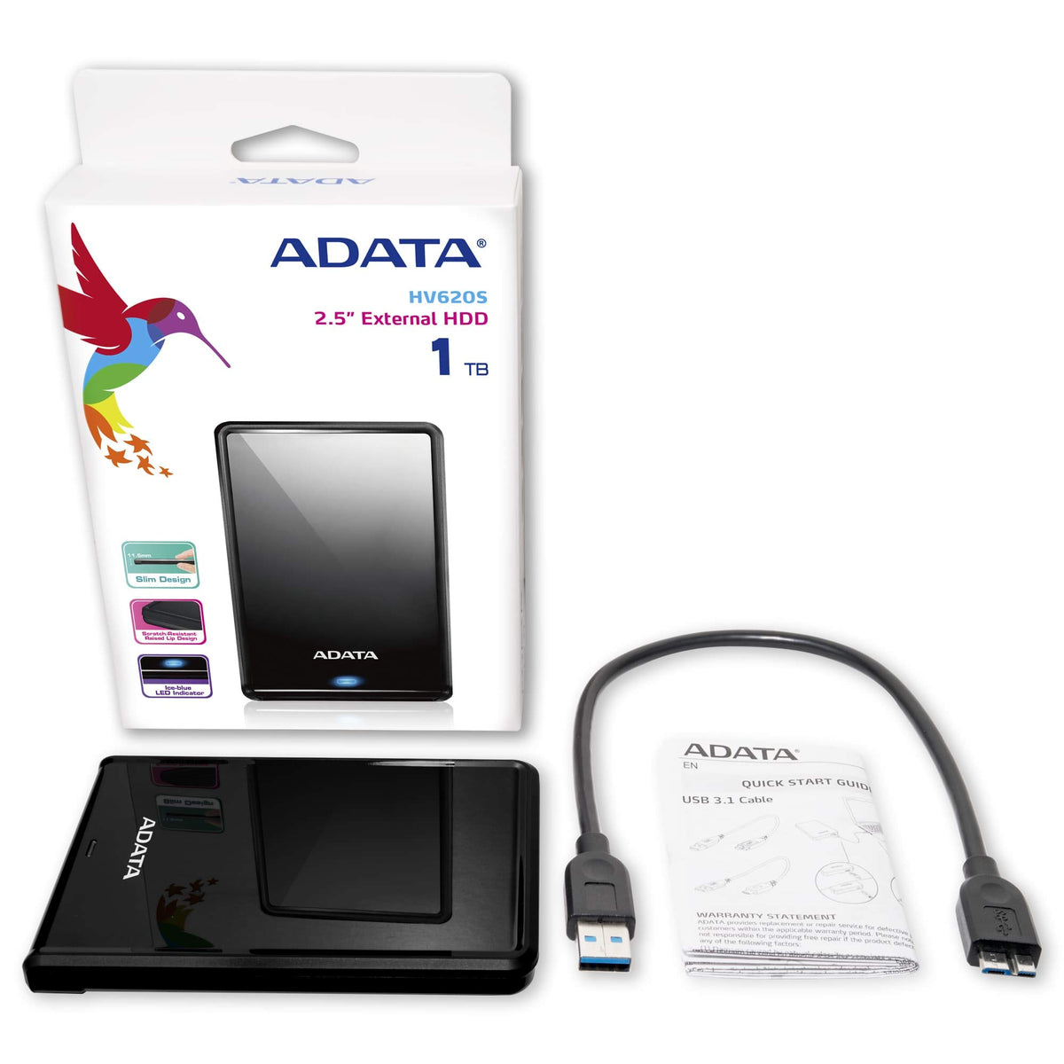 ADATA Disco Duro Externo HDD HV620S, 1 TB, Negro, USB 3.1, Ultra Delgado