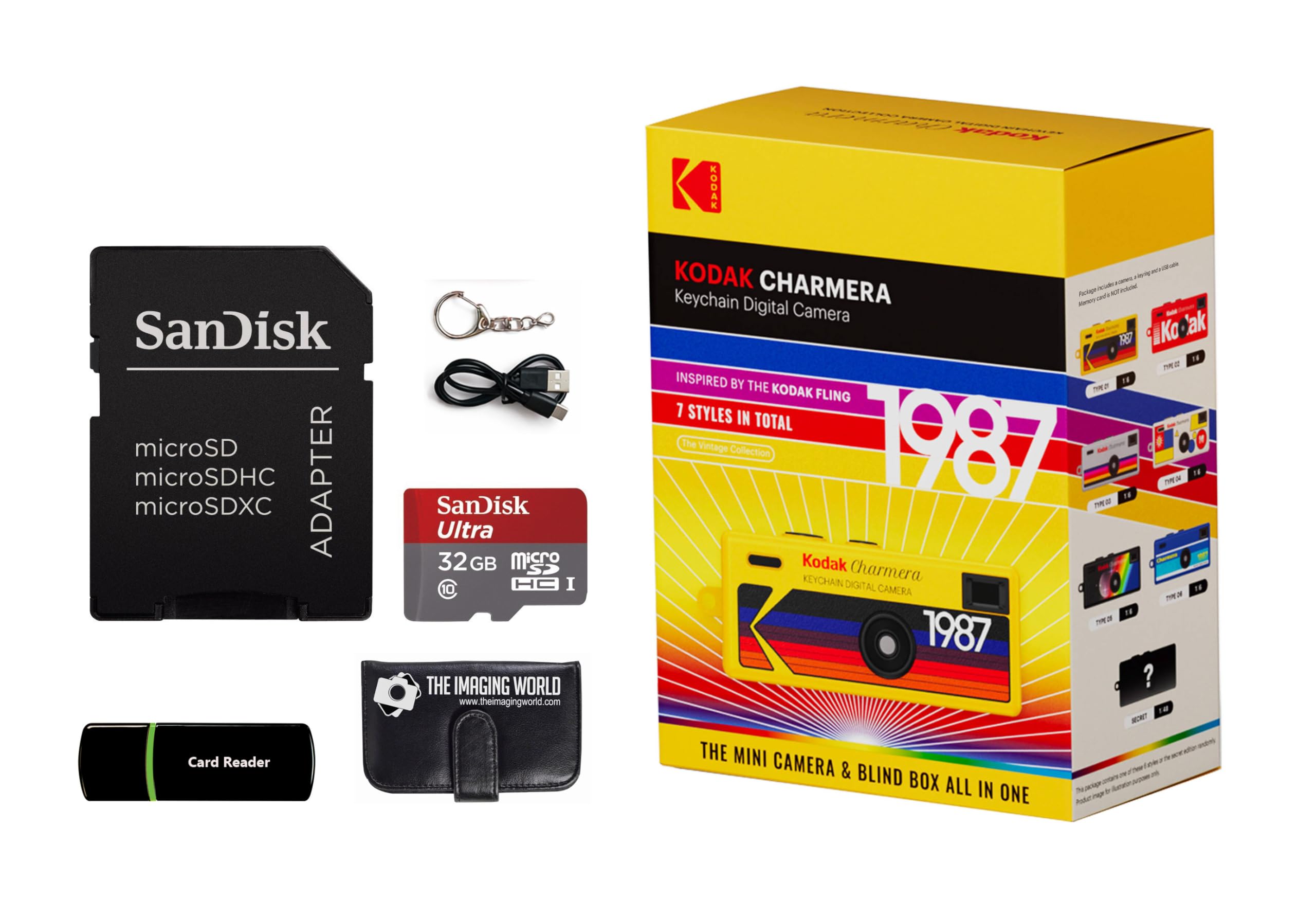 Kodak Charmera Llavero de cámara digital (caja ciega de estilo aleatorio) con tarjeta micro SDHC de 32 GB y lector de tarjeta de memoria