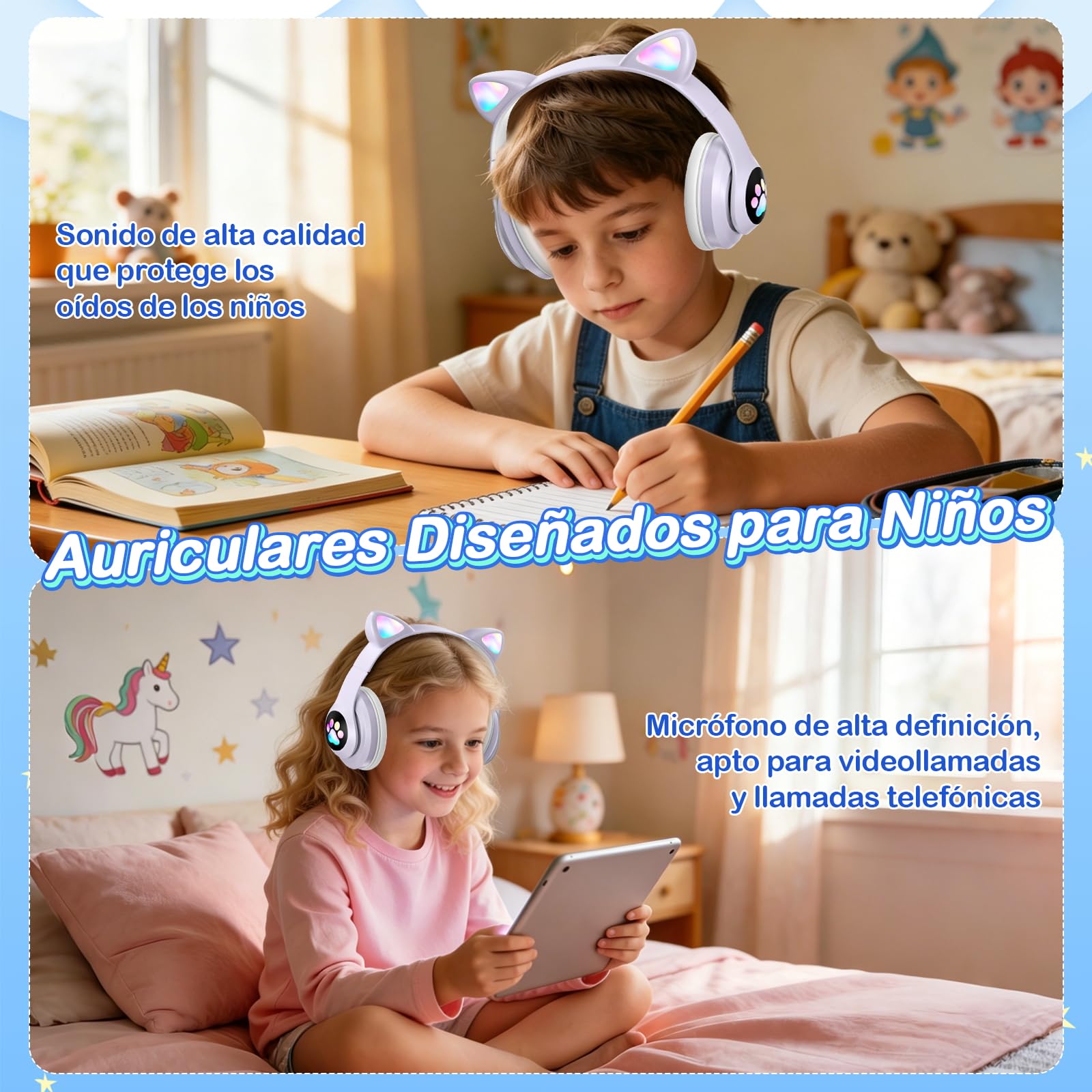 ZQSQD Audifonos Inalambricos para Niños, Auriculares Bluetooth con Luz LED y Micrófono, Auriculares Plegables con Forma de Garra de Gato, Audífonos para Niña, Apto para Tablets, Móviles, Etc (Púrpura)