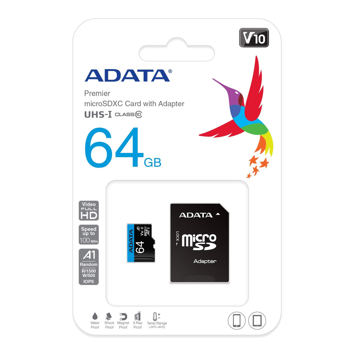 ADATA 64 GB Tarjeta de Memoria Micro SDXC con Adaptador Color Negro con Azul A1 (Clase 10)
