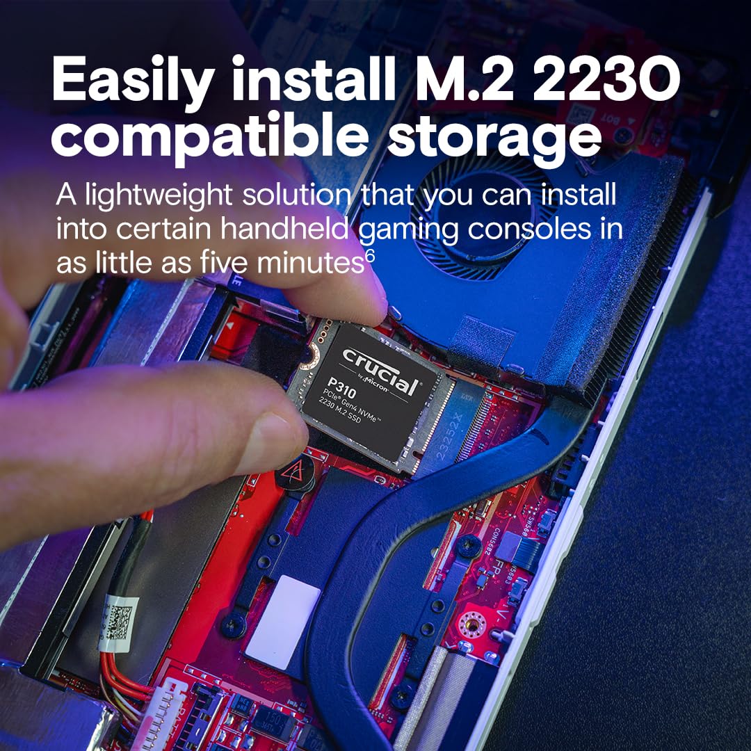Crucial P310 SSD M.2 2230 NVMe PCIe Gen4 SSD Interno, hasta 7.100 MB/s, Compatible con Steam Deck, ASUS ROG Ally, MSI Claw y Microsoft Surface, Unidad de Estado sólido CT1000P310SSD2