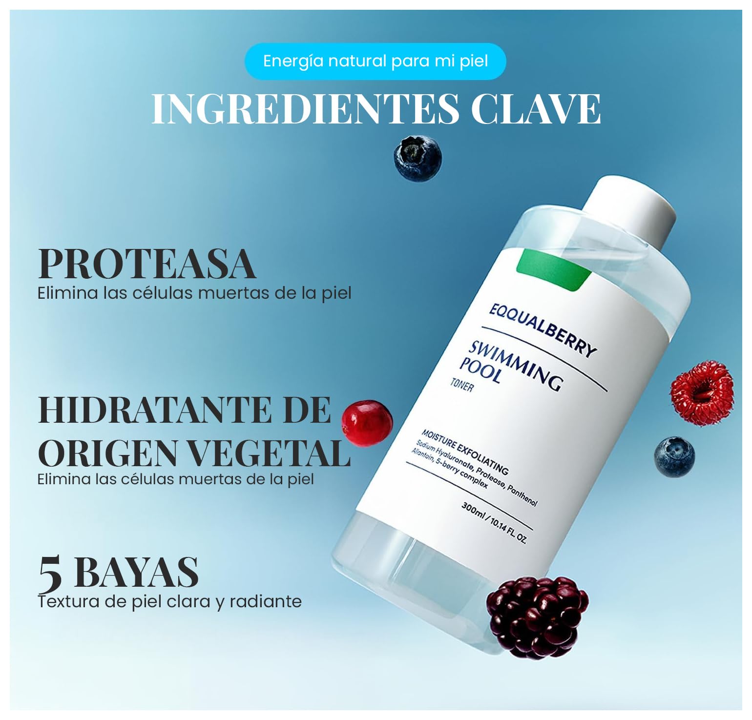 EQQUALBERRY Tónico Exfoliante Facial Swimming Pool Toner - Coreano con Enzima Proteasa y Ácido Hialurónico, Exfoliación Diaria Suave, Piel Sensible, 300 ml