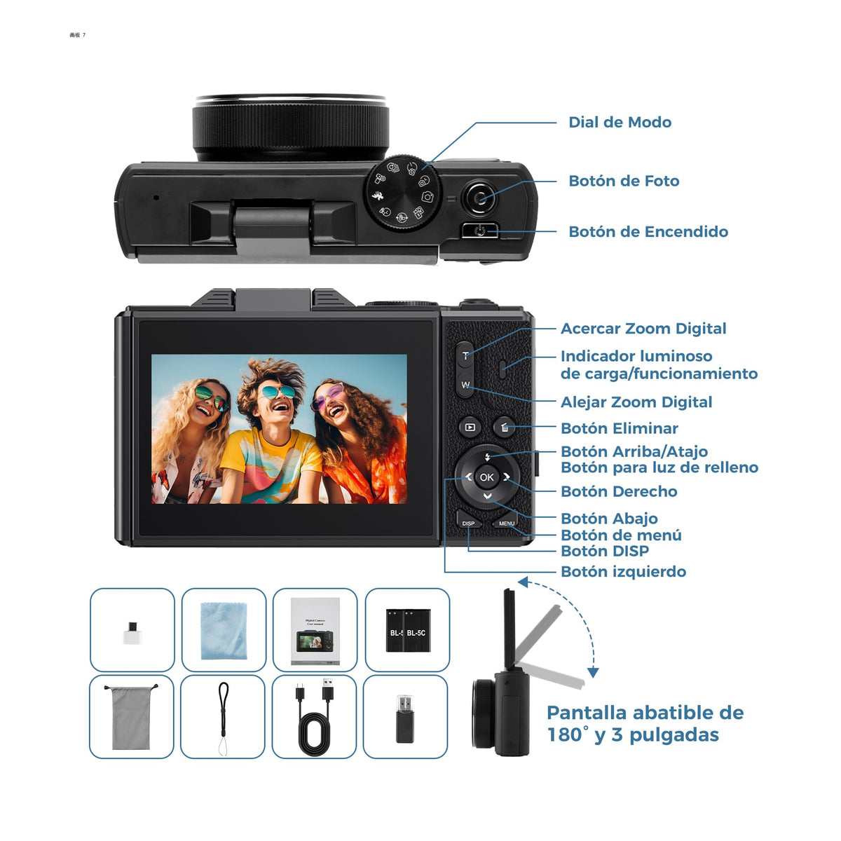 Cámara Digital 5K, Cámara Retro WiFi de 75 MP, Pantalla Giratoria de 3 Pulgadas, Camara de Vídeo UHD con Zoom Digital de 18 Aumentos y Enfoque Automático, Cámara Portátil de Viajes con Tarjeta 32GB SD
