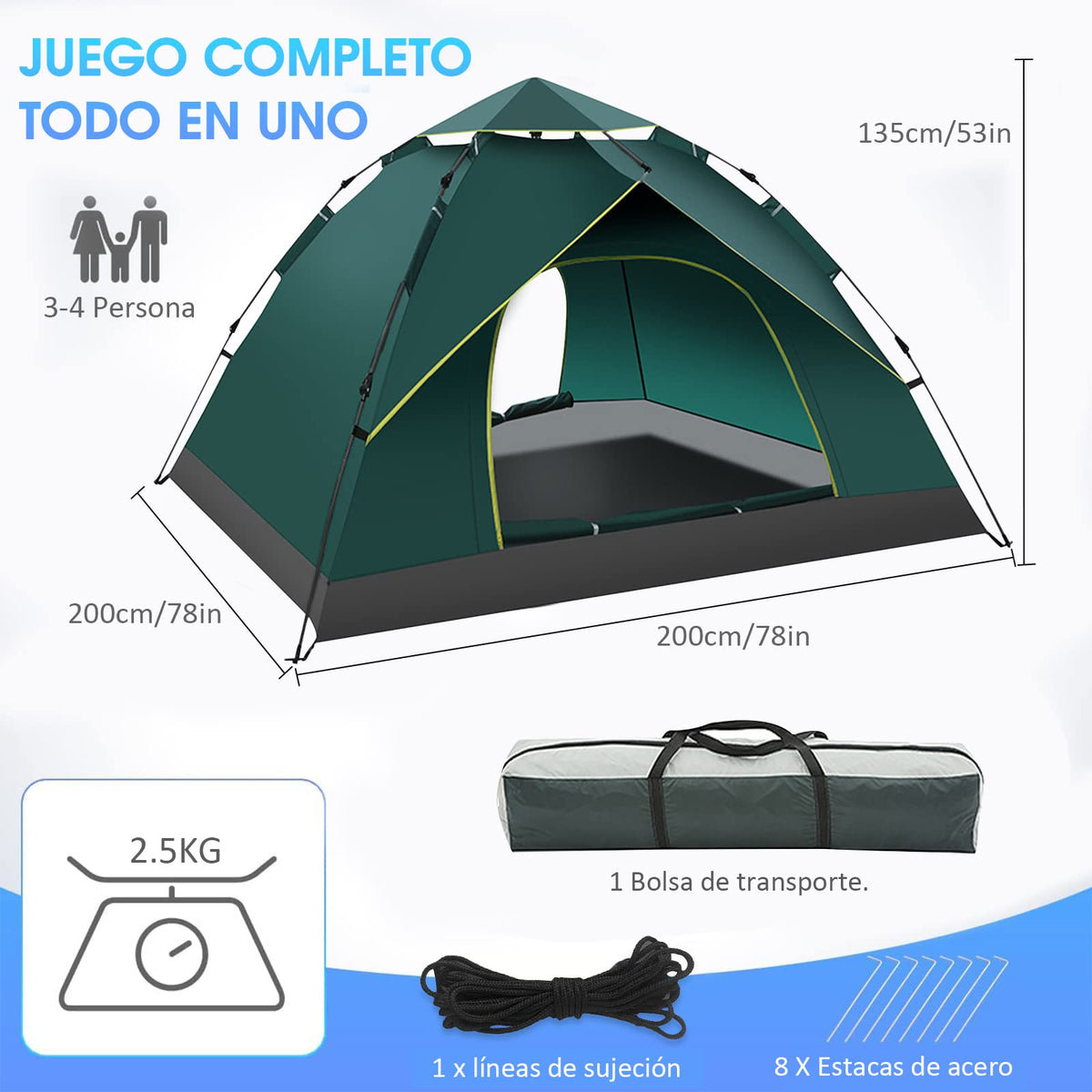 AVEDISANTE Casa de Campaña 3/4 Personas, Tienda de Campaña de 2 Entradas, Pop Up Portátil Camping, Impermeable y Transpirable,Armado Sencillo, Portátil Camping （200cm X 135cm）