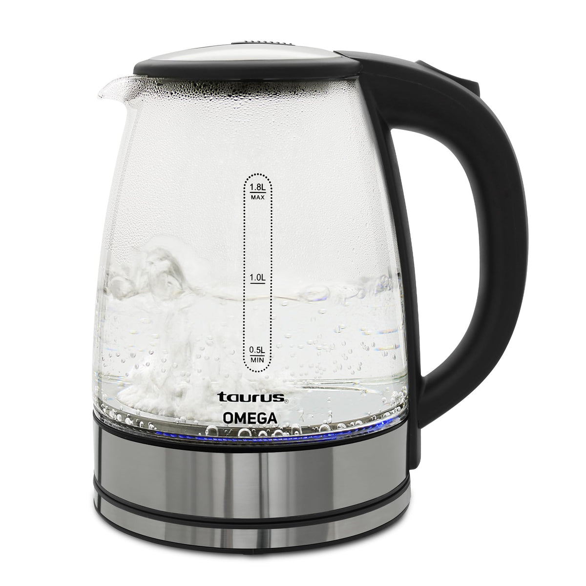 TAURUS OMEGA | Tetera eléctrica de cristal con luz led | Hervidor de agua eléctrico | Electrodomésticos | Jarra inalámbrica |1,8 litros | 65 onzas | Base Removible