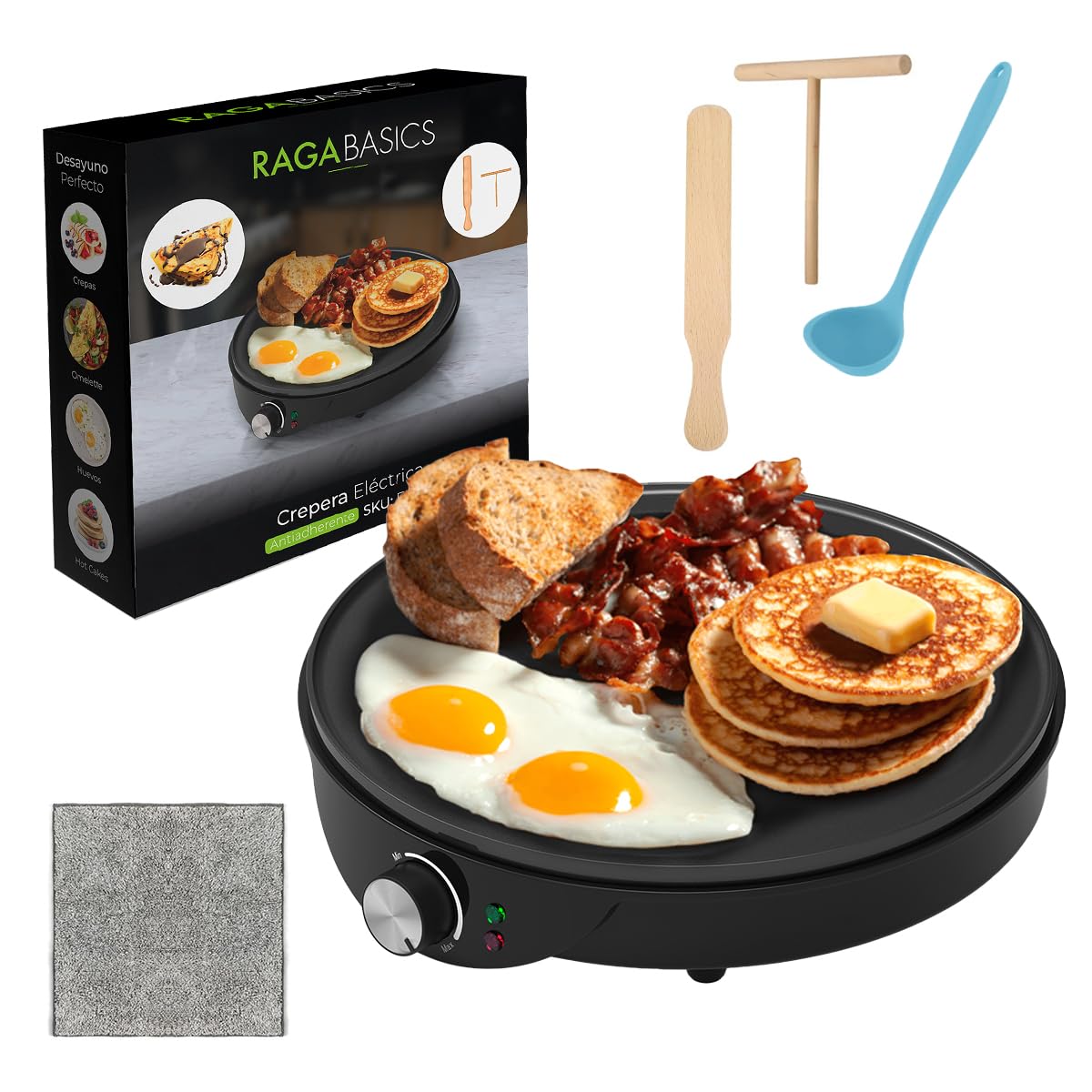 Raganet, Crepera Eléctrica de 30cm (12 Pulgadas),con Indicador de Luces Led, Plancha Antiadherente y Temperatura Ajustable, Incluye Accesorios para Esparcir, Voltear, Cucharon y un Trapo.