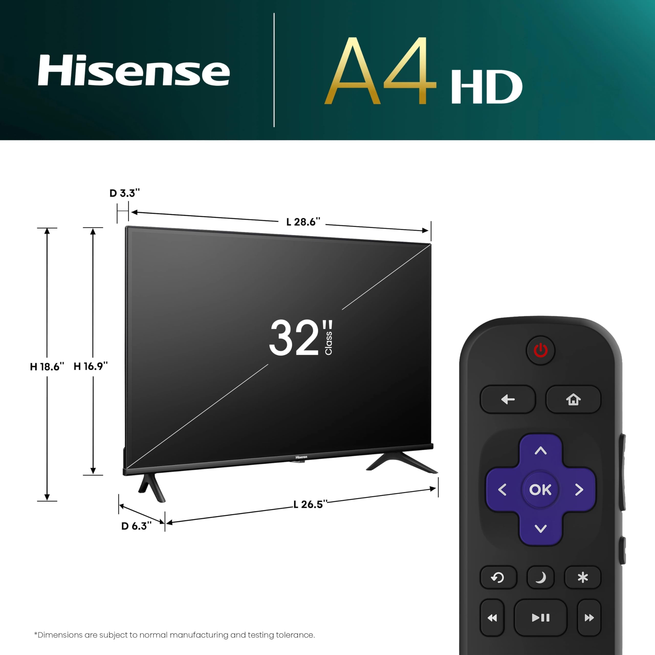 Hisense Televisor Inteligente Roku de 32 Pulgadas Clase A4 Serie HD 720p con compatibilidad Alexa (32A4HNR, Modelo 2024) - Dolby Audio, diseño de Bisel Delgado