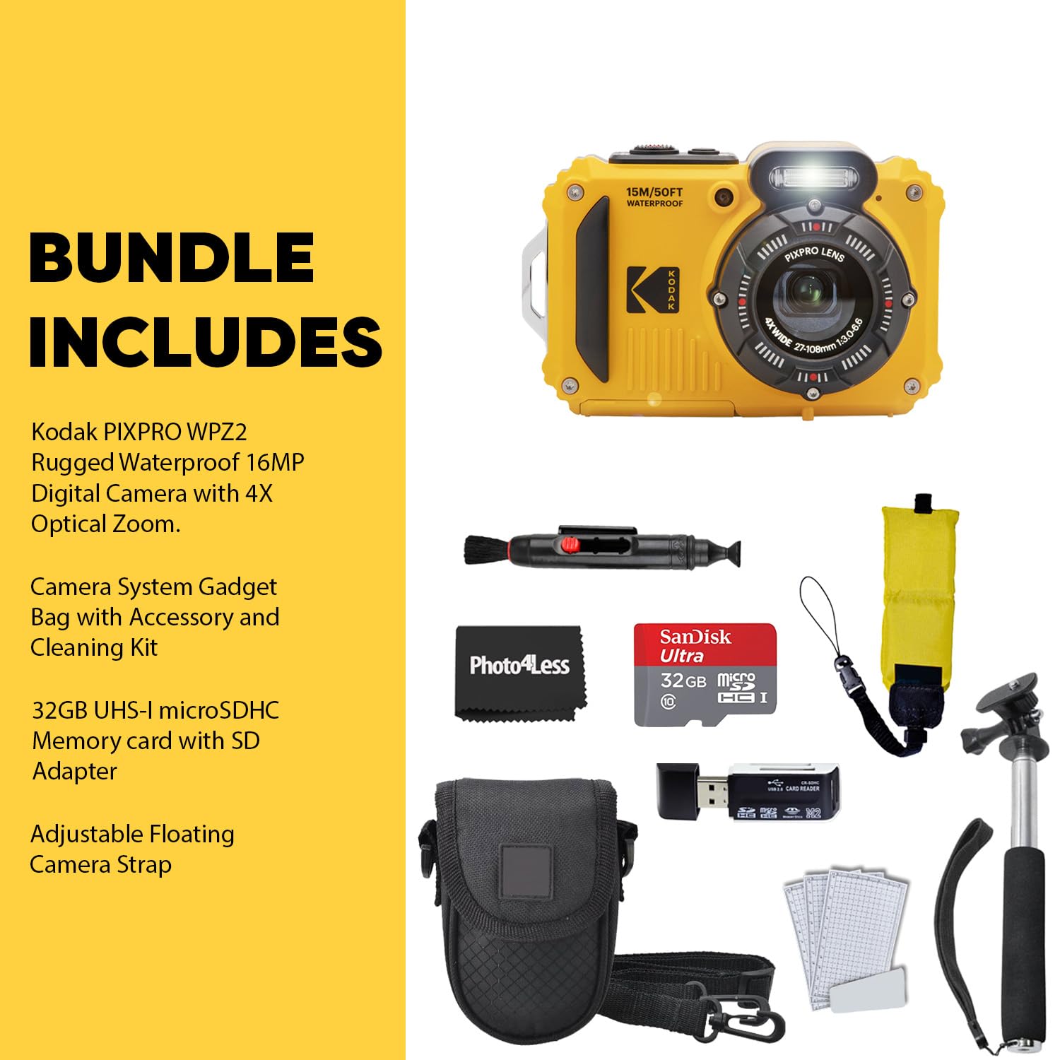 Kodak PIXPRO WPZ2 - Cámara digital resistente al agua, a prueba de golpes, 16 MP, zoom óptico 4X 1080P, vídeo Full HD, 2.7 LCD (amarillo), tarjeta SD de 32 GB, estuche negro para cámara compacta