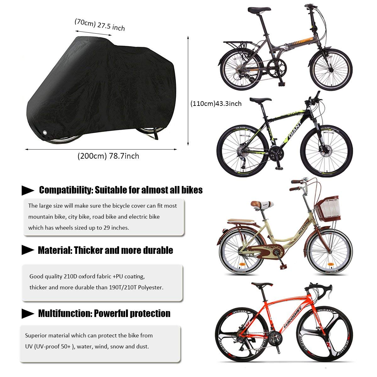 PUBAMALL Funda de Bicicleta - Resistente al Agua y Anti-UV - Cubiertas de Almacenamiento para Bicicletas de montaña y Carretera (Negro)