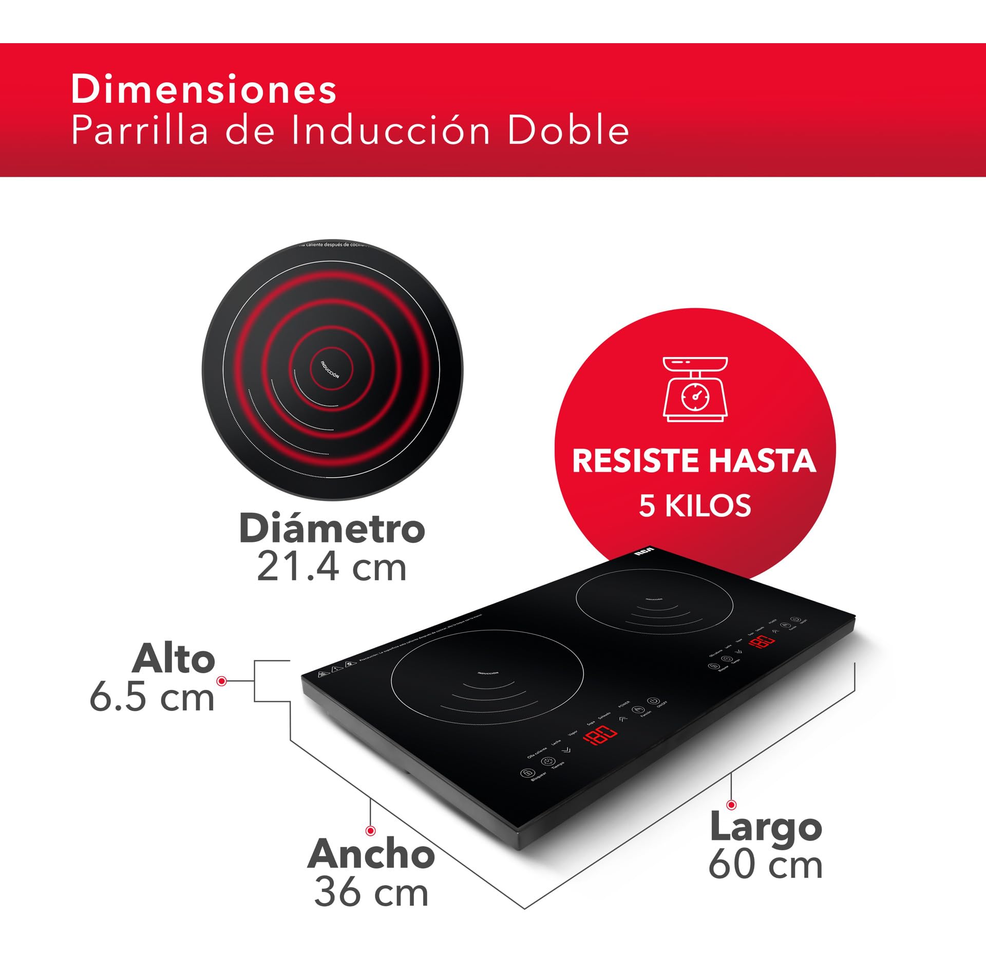 RCA Parrilla de Inducción Doble Quemador RC-12A4, Diseño Moderno y Elegante de Cristal Templado Negro, Controles Táctiles, Seguridad Avanzada, Bloqueo para Niños, Compacta y Potente, Fácil Limpieza.