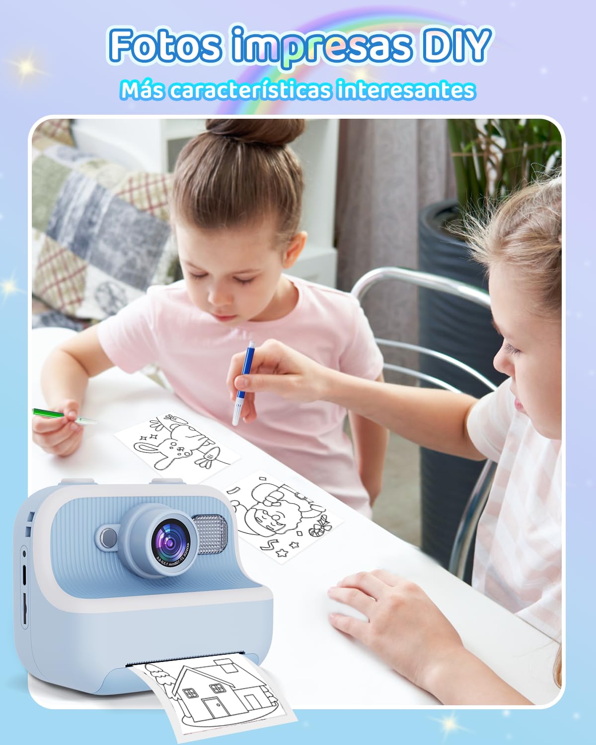 PTHTECHUS®Cámara Infantil, Cámara Instantánea Niños,cámara Digital Selfie y Video,Papel de impresión,Tarjeta SD 32 GB y 1080P impresión instantánea Regalos para niños de 3 a 12 años (Azul)