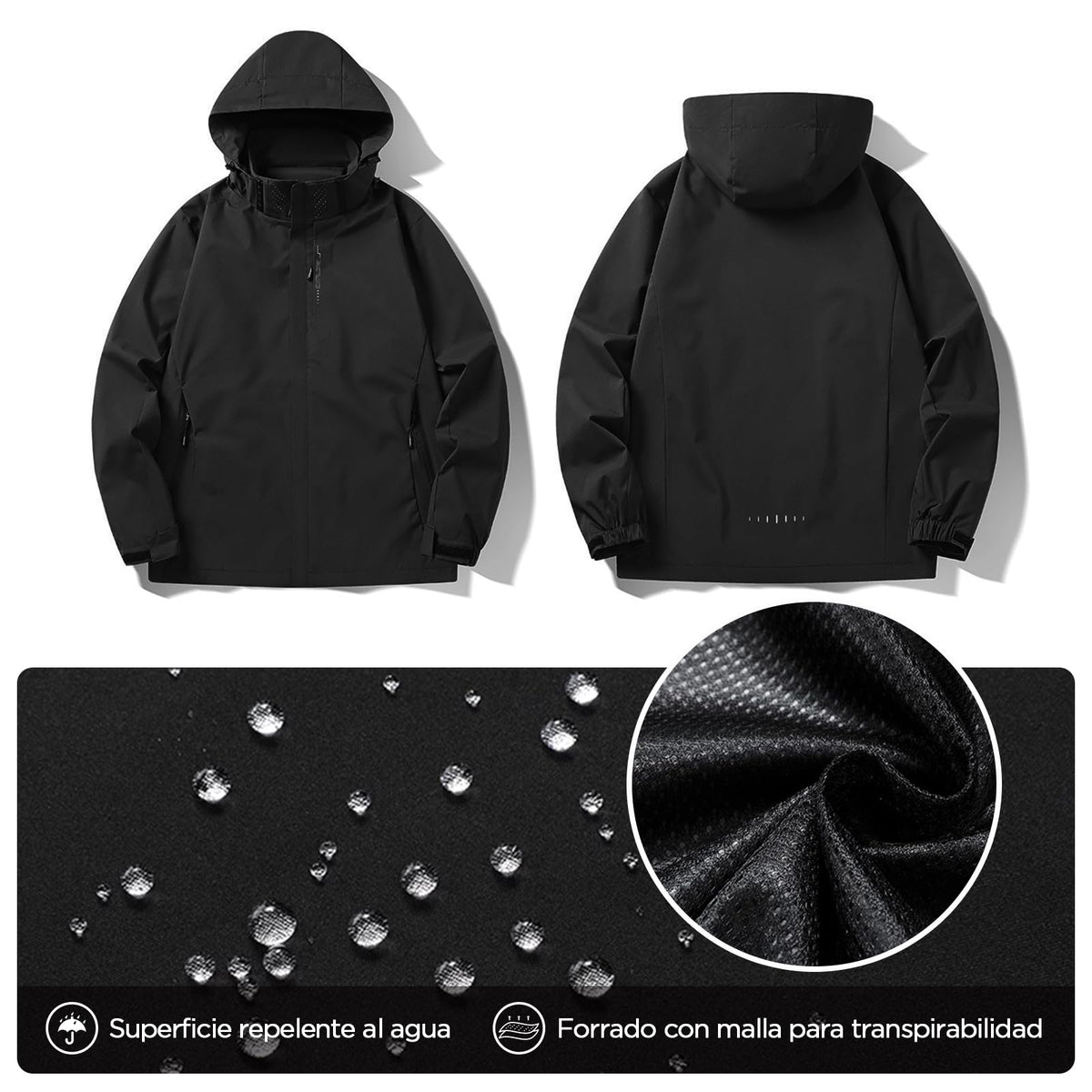 Chamarra Impermeable para Mujer (MX/US, Alfa, Mediano, Regular, Regular, Negro)