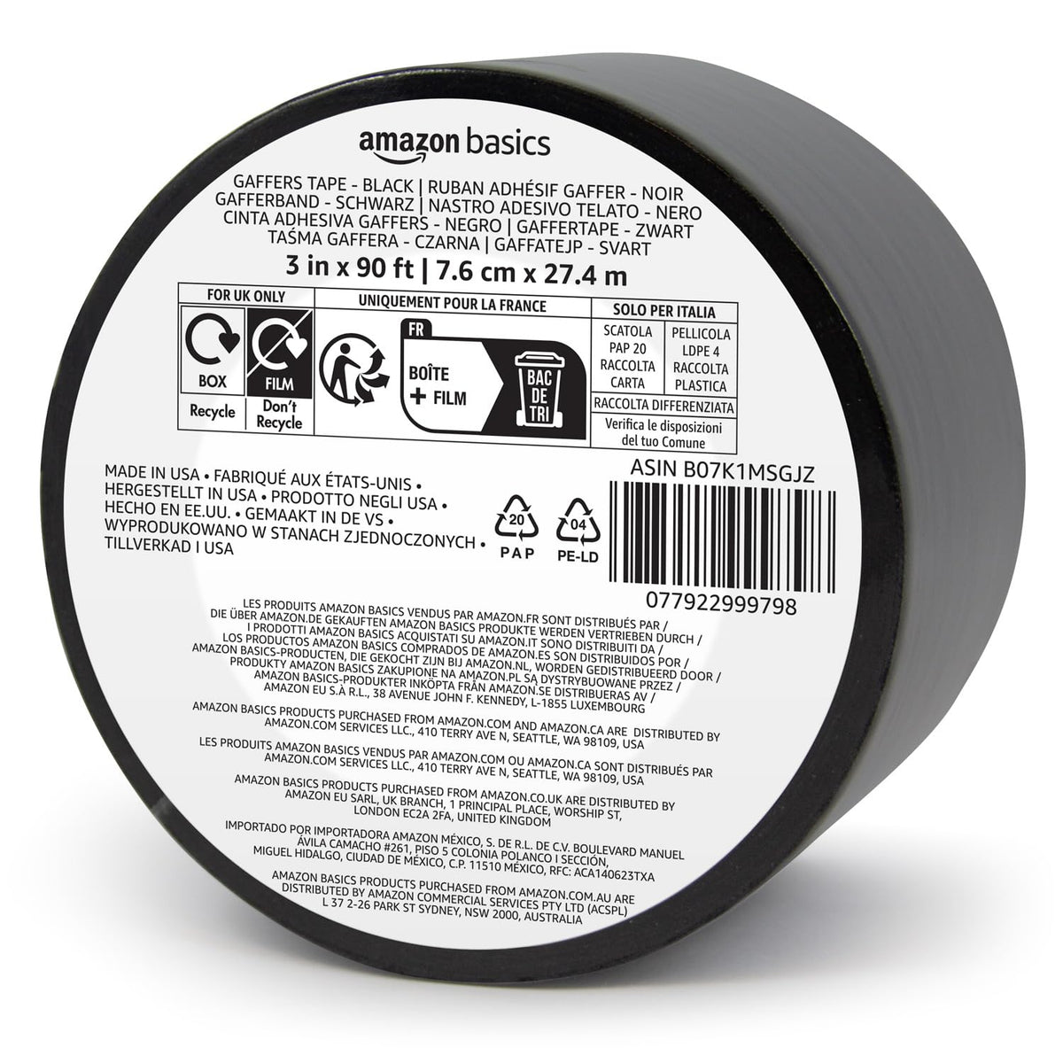 Amazon Basics - Cinta adhesiva sin residuos, no reflectante, 3 x 90 pies, color negro