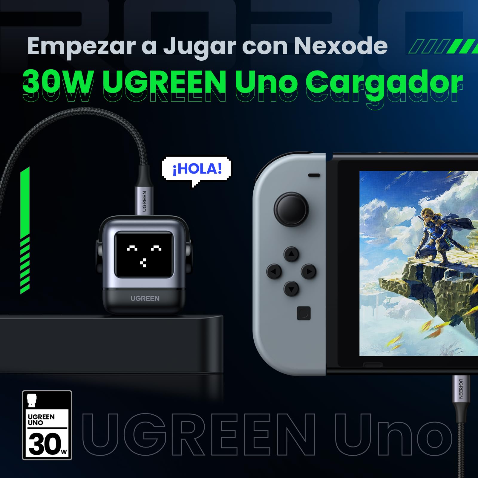 UGREEN Uno 30 W Cargador Tipo C Carga Raida,Nexode GaNRobot USB C Pantalla de Inteligente, Compatible con iPhone 16/15/14/13, Galaxy S24/S23/S22, Pixel 7/8, MacBook Air, iPad Pro,Negro