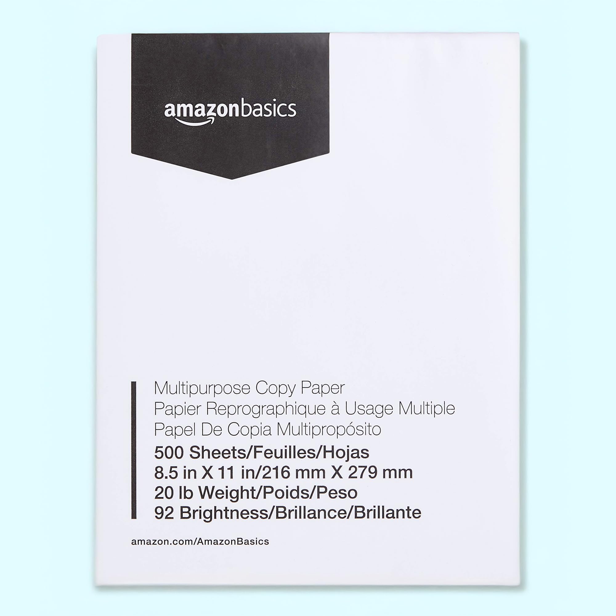 Amazon Basics Papel Multiusos Para Impresora Fotocopiadora, 21.6 x 27.9cm, 9.07kg, 1 Resma (500 Hojas), Brillo 92, Blanco