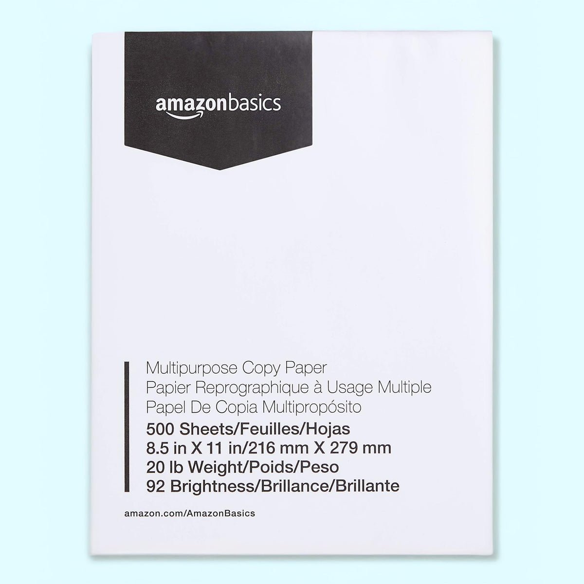 Amazon Basics Papel Multiusos Para Impresora Fotocopiadora, 21.6 x 27.9cm, 9.07kg, 1 Resma (500 Hojas), Brillo 92, Blanco