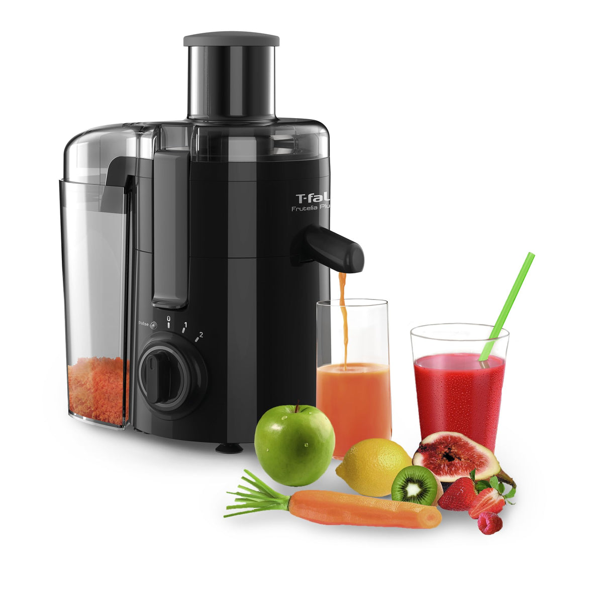 T-fal Extractor de Jugo Frutelia Plus ¡Jugos recién hechos a diario y sin esfuerzo! Obtén lo mejor de las vitaminas y minerales de cada fruta o verdura. Capacidad de 950 ml ZE3708MX