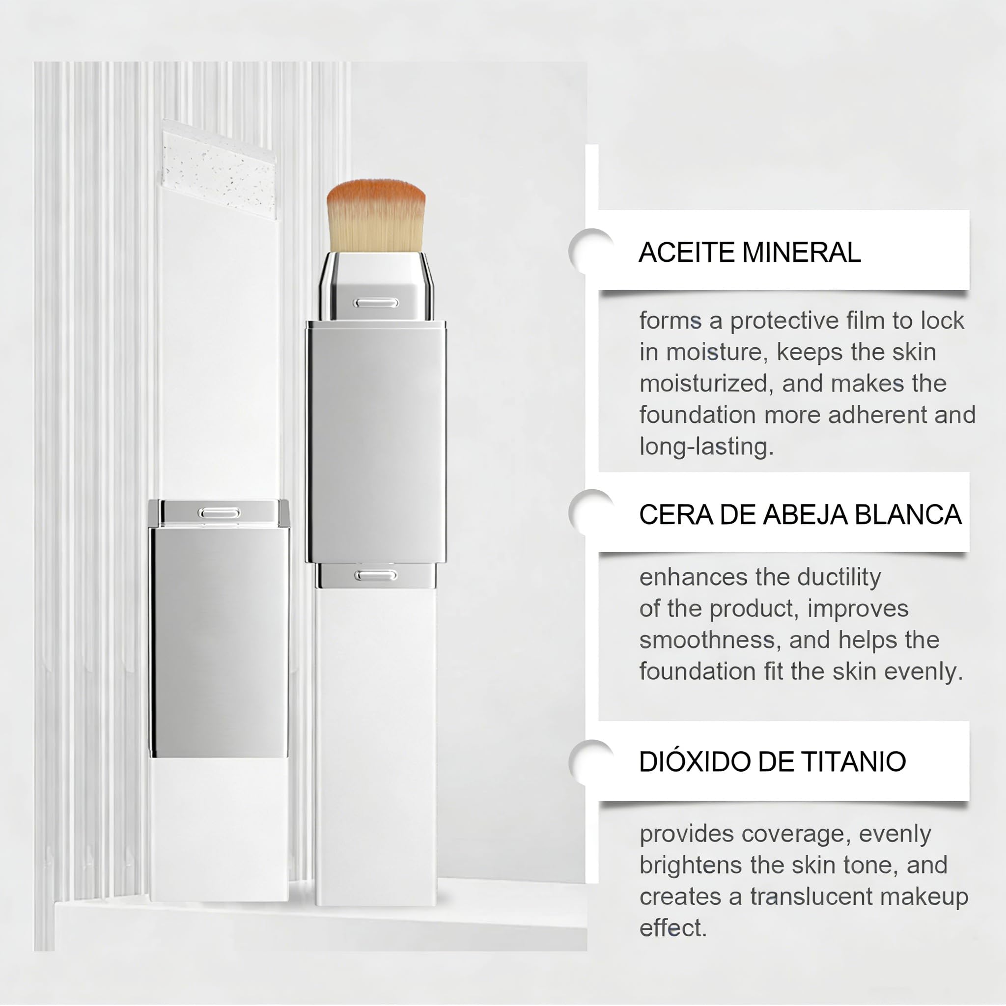 Barra de base, barra de bases decolorada coreana, sper hidratante, manteniendo una cobertura completa del maquillaje de bases de crema hidratante - cepillo desmontable de doble cabeza (Marfil)