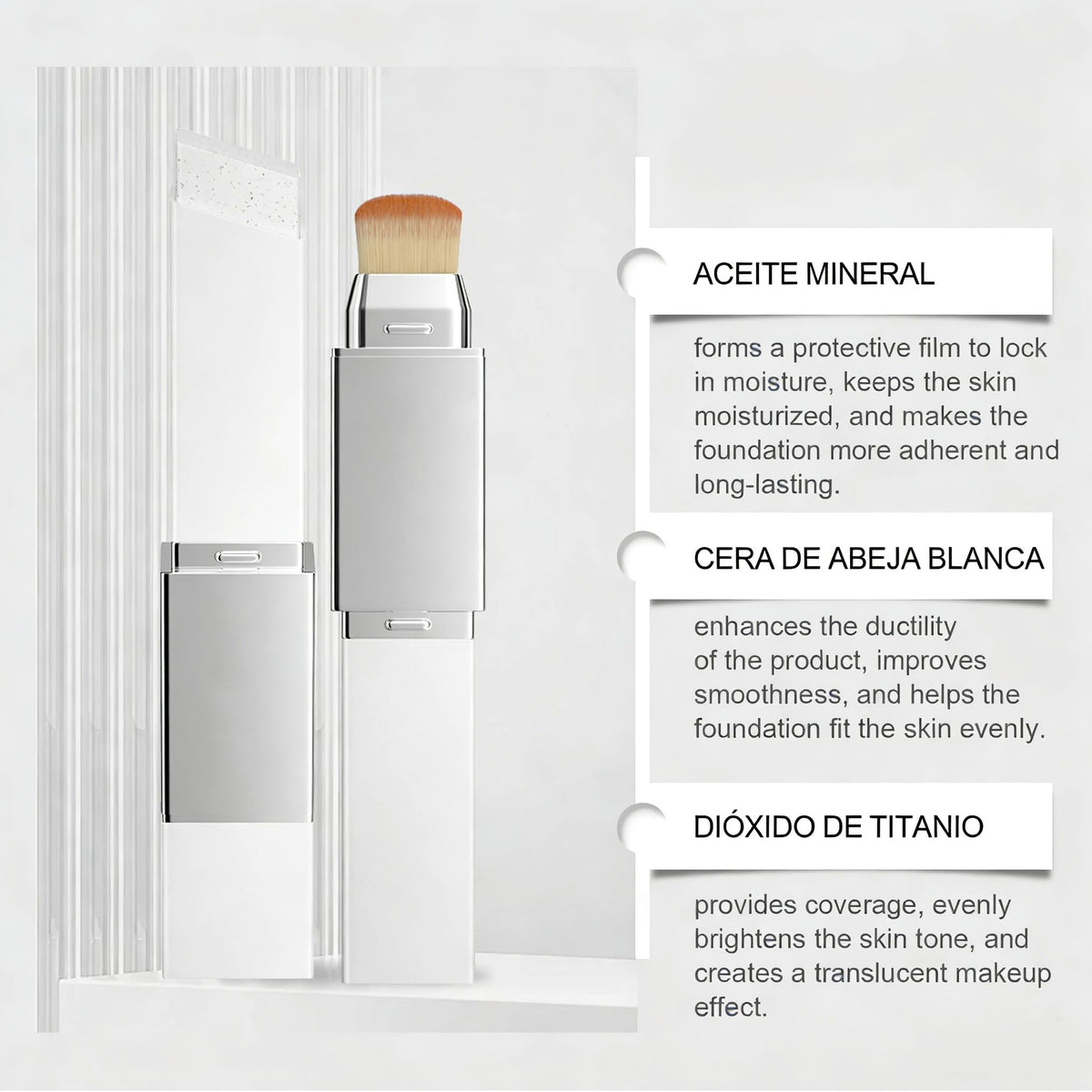 Barra de base, barra de bases decolorada coreana, sper hidratante, manteniendo una cobertura completa del maquillaje de bases de crema hidratante - cepillo desmontable de doble cabeza (Marfil)
