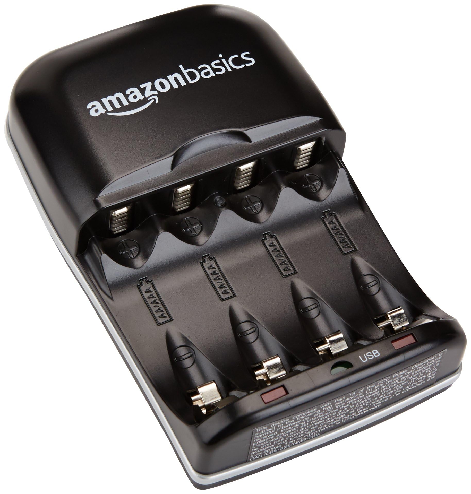 Amazon Basics - Cargador de batería recargable para pilas AA y AAA de hidruro de níquel-metal (NiMH) con puerto de carga USB, color negro