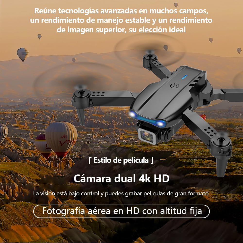 Dron con Cámara Dual, 360° Adjustable Eléctricamente Mini Drone para Principiantes, Drones con Cámara RC FPV WIFI 4k Cuadricóptero, Vuelo por Puntos de Referencia, Auto-Seguimiento, Giro 3D, Inicio con una Tecla, 3 Velocidades, 4 Baterías y Bolsa Portátil