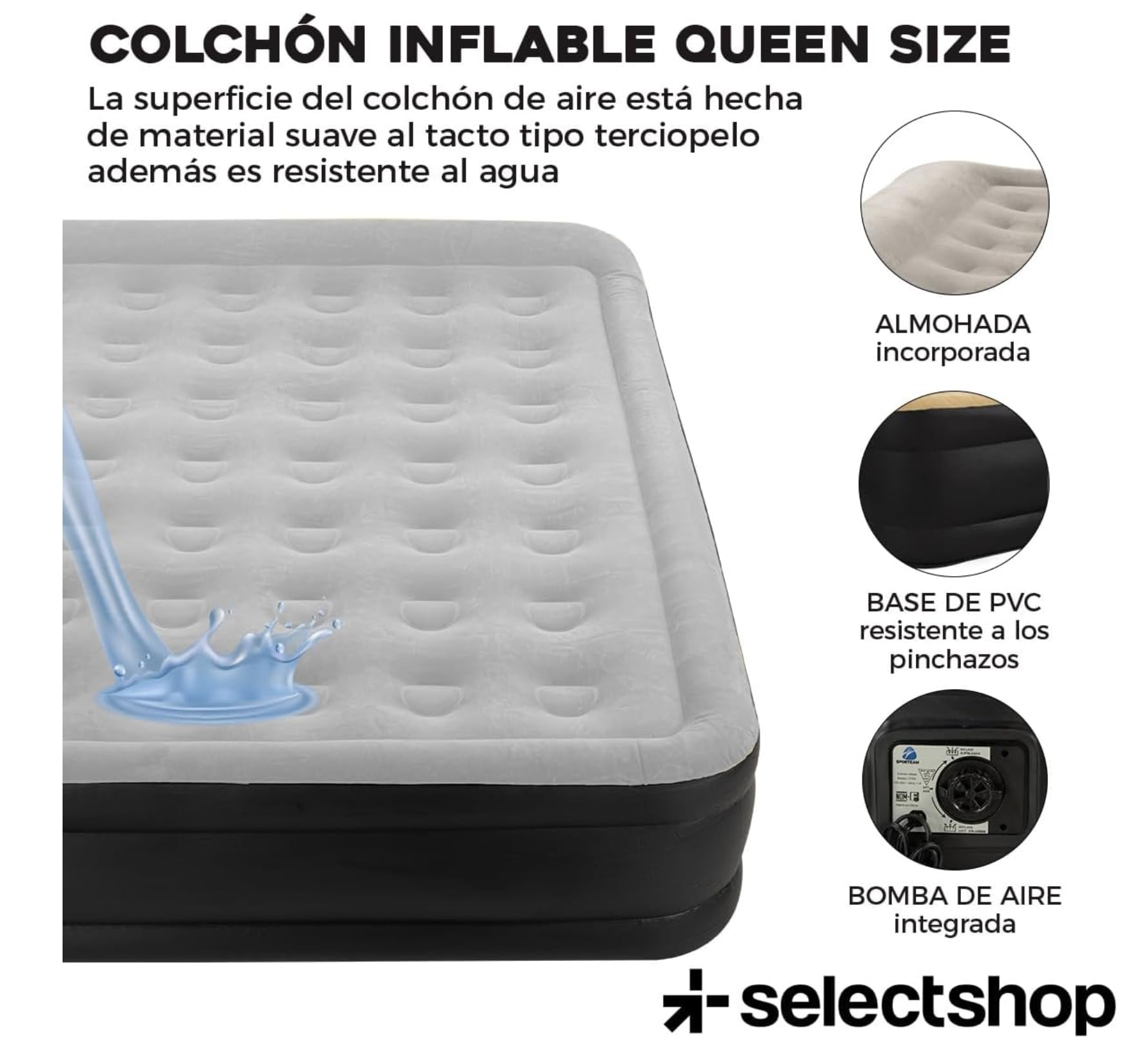 SELECTSHOP Colchón Inflable Queen Size con Bomba Incluida Cama Inflable para Camping Cama De Aire Elevada con Bomba Incluida Colchón Queen Size Inflable Duradero Resistente (Gris)