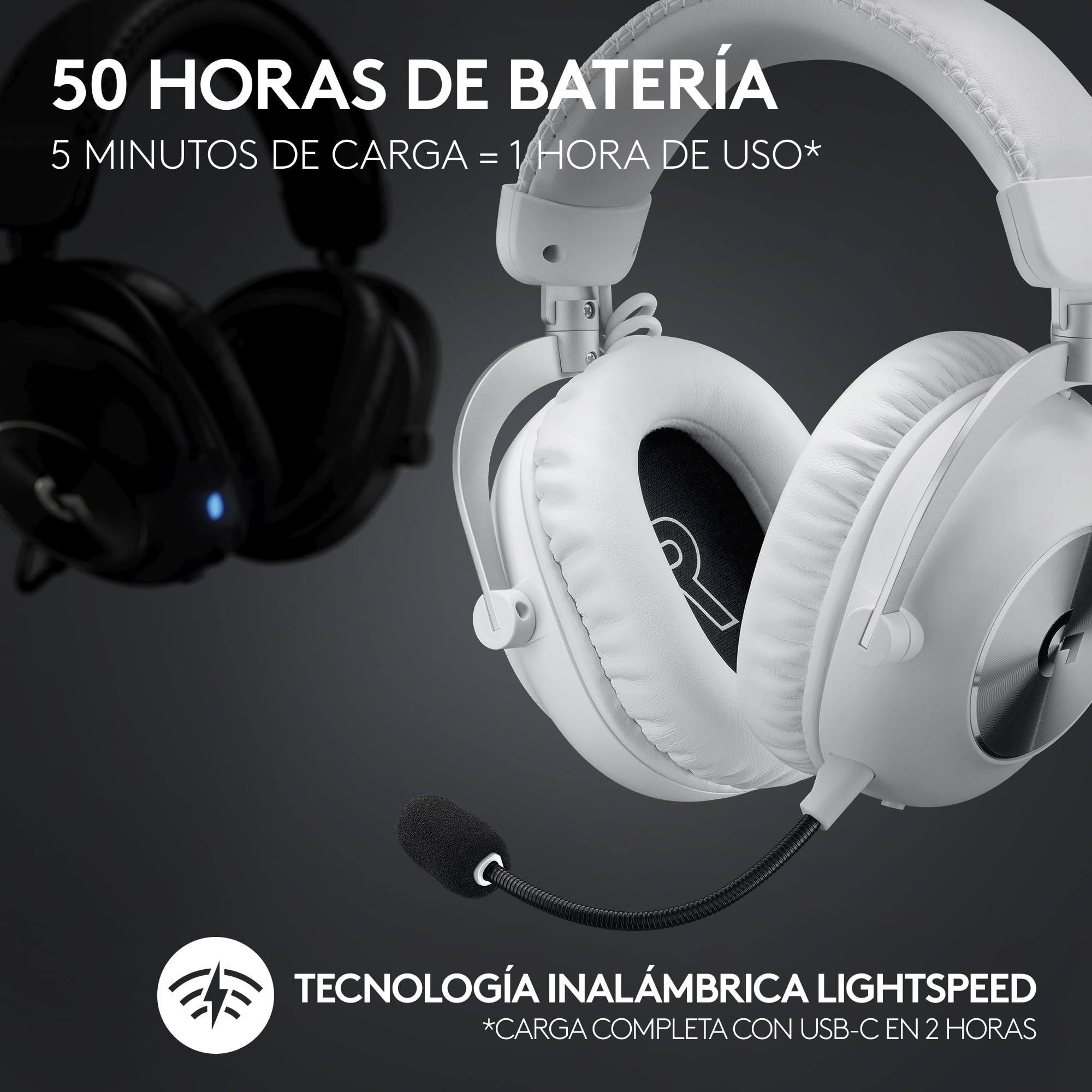 Logitech G Pro X 2 Lightspeed Audífonos Inalámbricos Gamer, Mic. Brazo Desmontable, Grafeno de 50 mm, DTS:X 2.0, Sonido Envolvente 7.1, Bluetooth/USB/Cable Aux. de 3.5 mm, Color Blanco