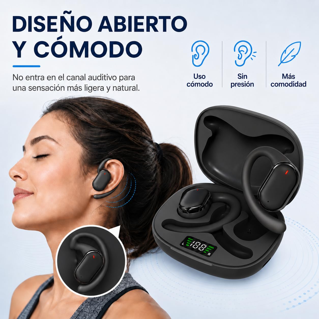 JMHRJKL Oído Abierto Audífonos Bluetooth 5.3, Audífonos Inalámbricos Deportivos, Transmisión de Sonido direccional, Sonido estéreo panorámico, 28 Horas de reproducción, Resistencia al Agua IPX5