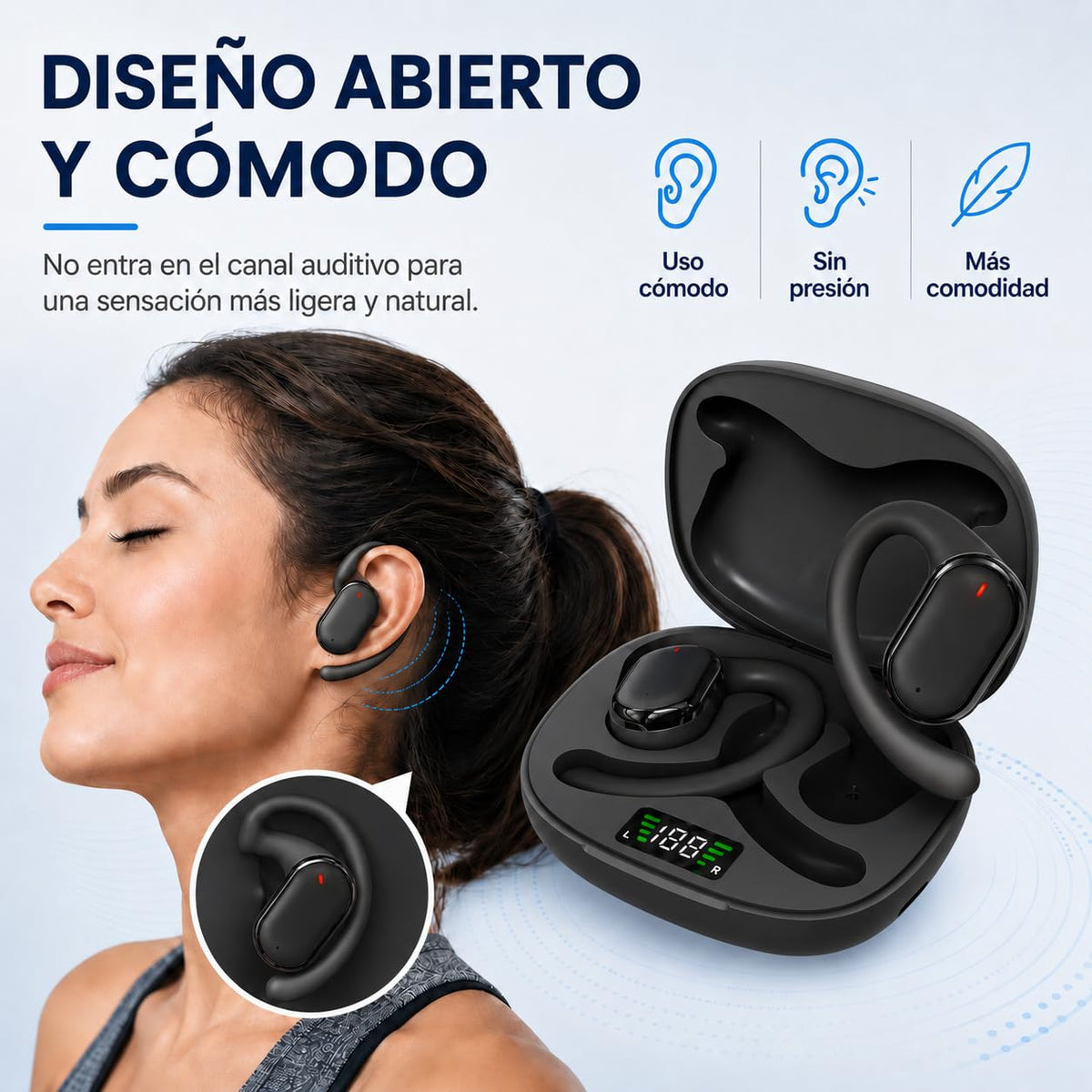JMHRJKL Oído Abierto Audífonos Bluetooth 5.3, Audífonos Inalámbricos Deportivos, Transmisión de Sonido direccional, Sonido estéreo panorámico, 28 Horas de reproducción, Resistencia al Agua IPX5